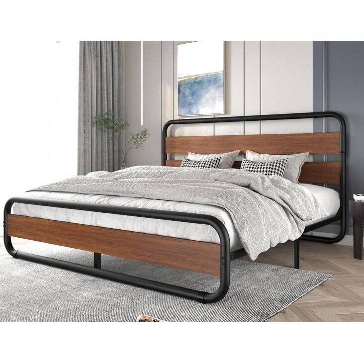 Alt View 1. Hivvago - Hivvago King size Heavy Duty Industrial Modern Platform Bed Frame with Headboard - Brown,Black.