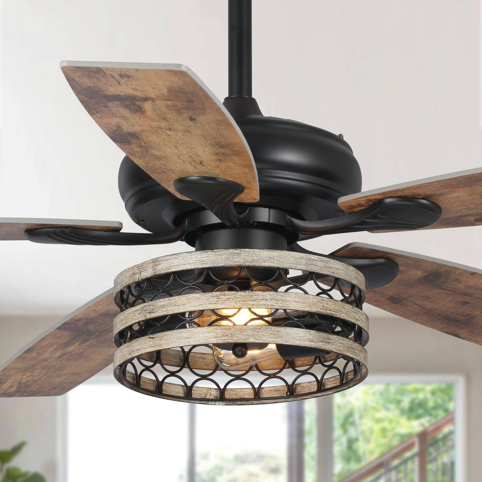 Front. Parrot Uncle - 52" Farmhouse Driftwood 5-Blade Black Caged Chandelier Ceiling Fan with Remote - Black.