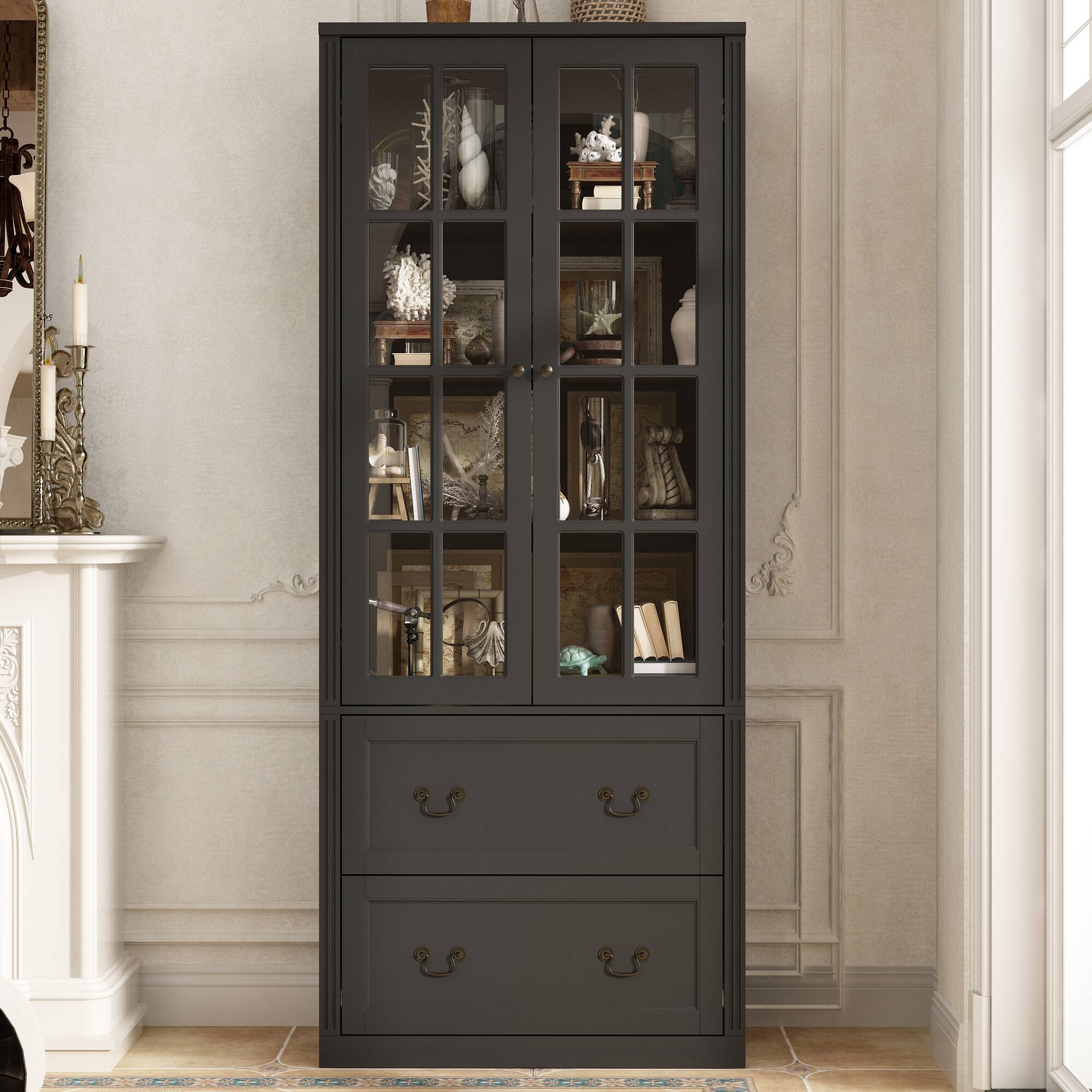 Alt View 7. Famapy - Famapy Nordic - Style Display Cabinet - Glass Doors + Brass Handles, Perfect for Book & Collection Display - Black.