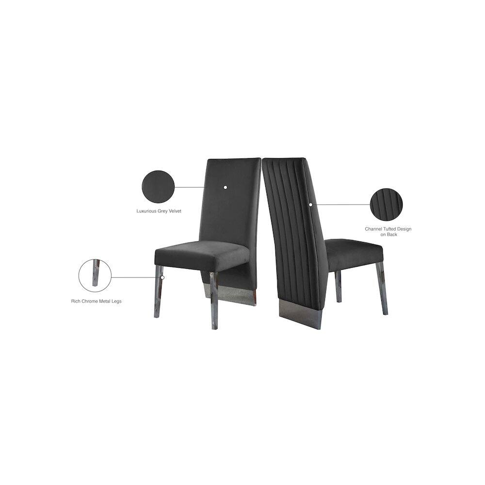Luxurious Grey Velvet  
Channel Tufted Design on Back  
Rich Chrome Metal Legs