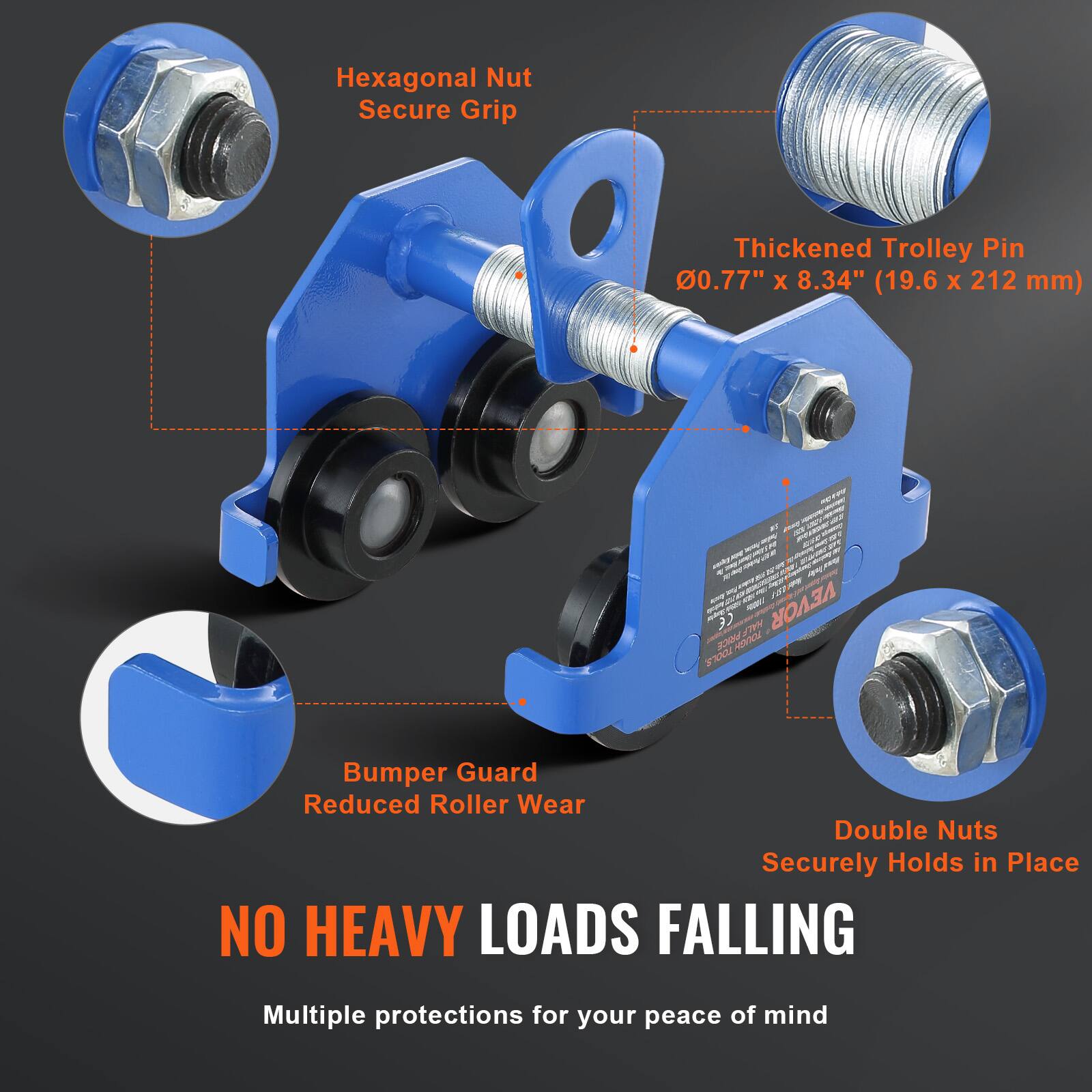Hexagonal Nut Secure Grip  
Thickened Trolley Pin 0.77" x 8.34" (19.6 x 212 mm)  
Bumper Guard Reduced Roller Wear  
Double Nuts Securely Holds in Place  

NO HEAVY LOADS FALLING  
Multiple protections for your peace of mind