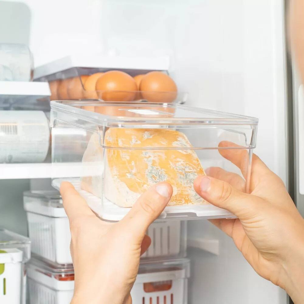 Alt View 6. OU - OU Fridge Organizer Bin with Drain Tray & Vented Lid, 2.3qt Clear Stackable Refrigerator Storage Bin - Clear.