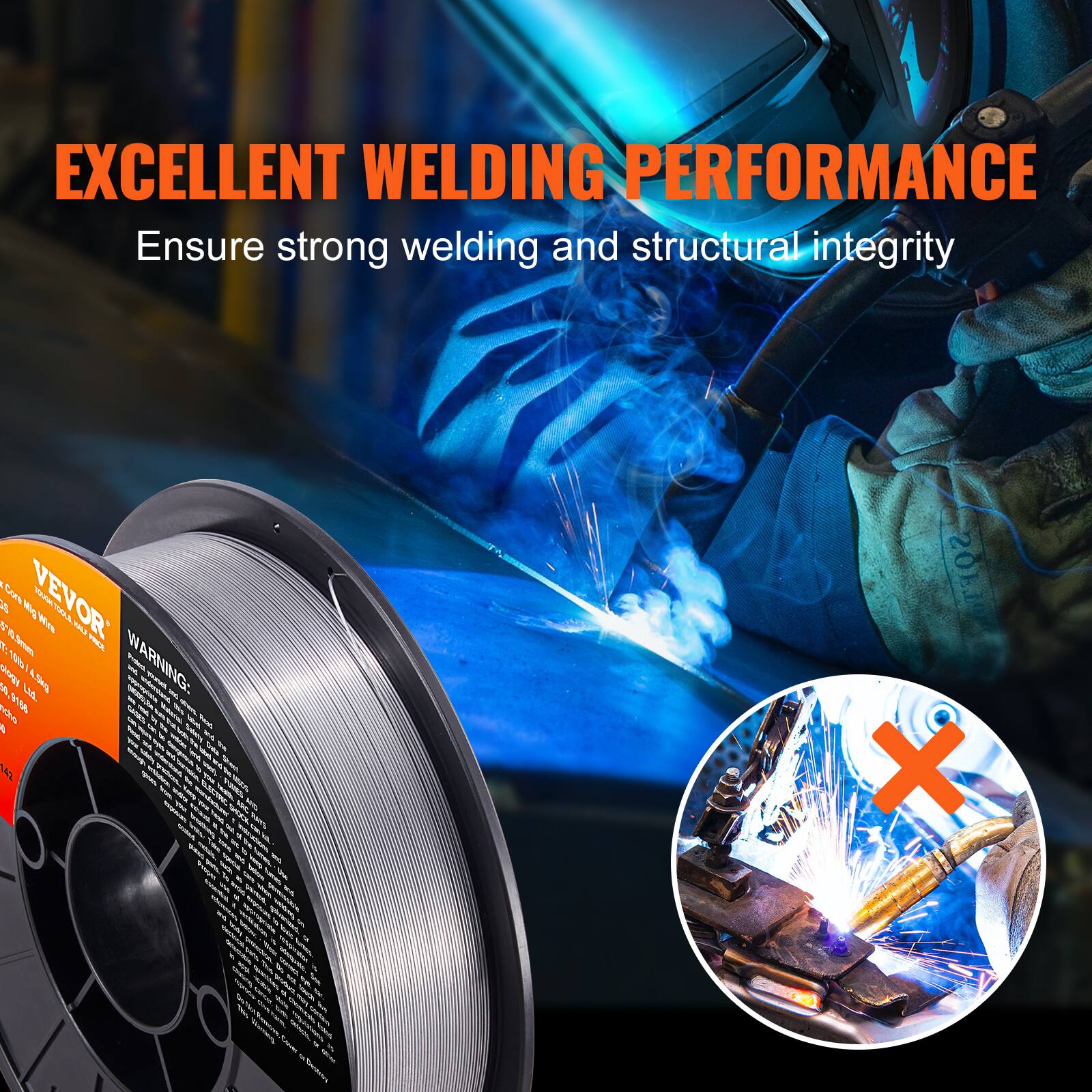 EXCELLENT WELDING PERFORMANCE  
Ensure strong welding and structural integrity  

VEVOR  
Mig E 1 T Wire TALS  

WARNING: