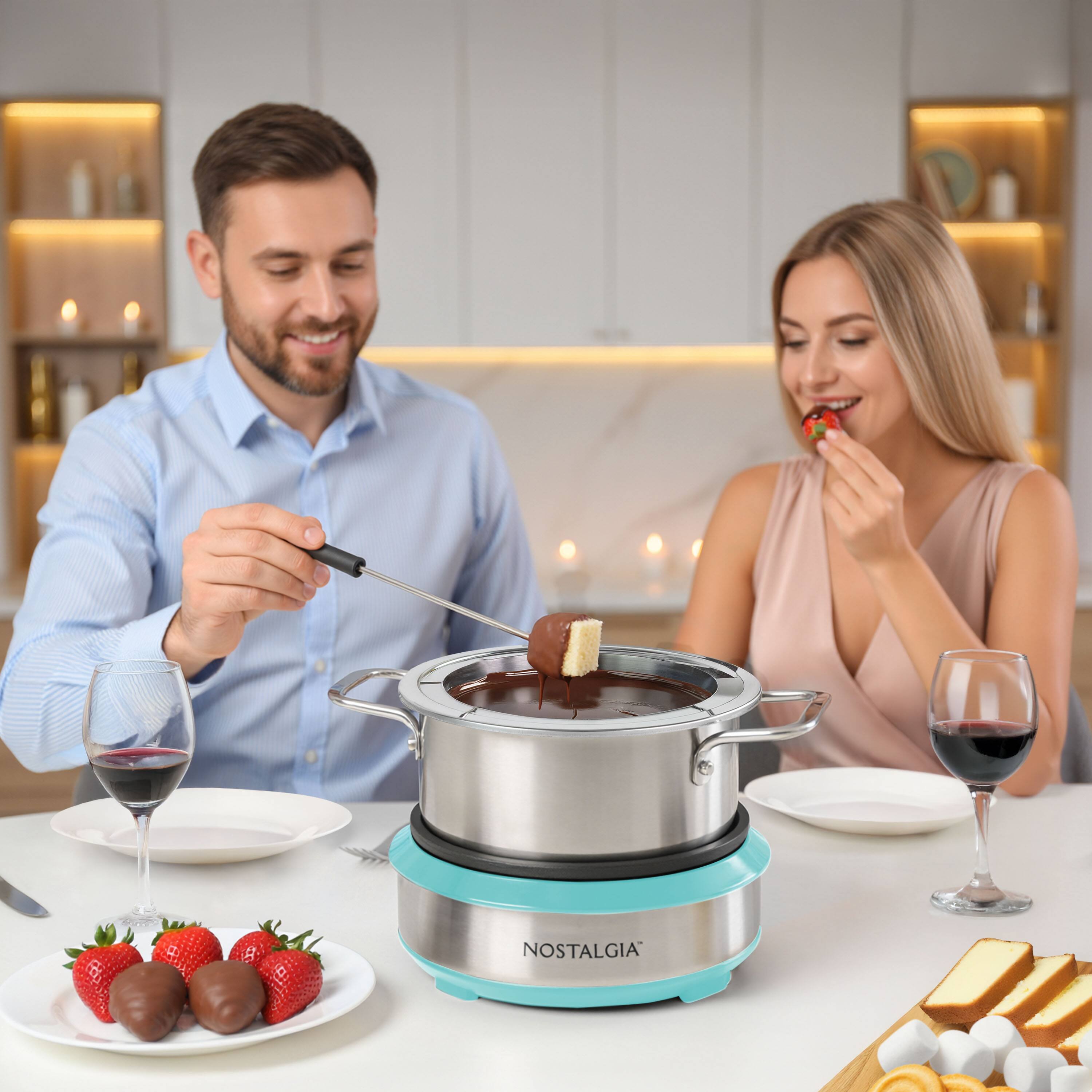 Left. Nostalgia - 8-cup Fondue Dipping Pot with 6 Fondue Forks - Aqua.