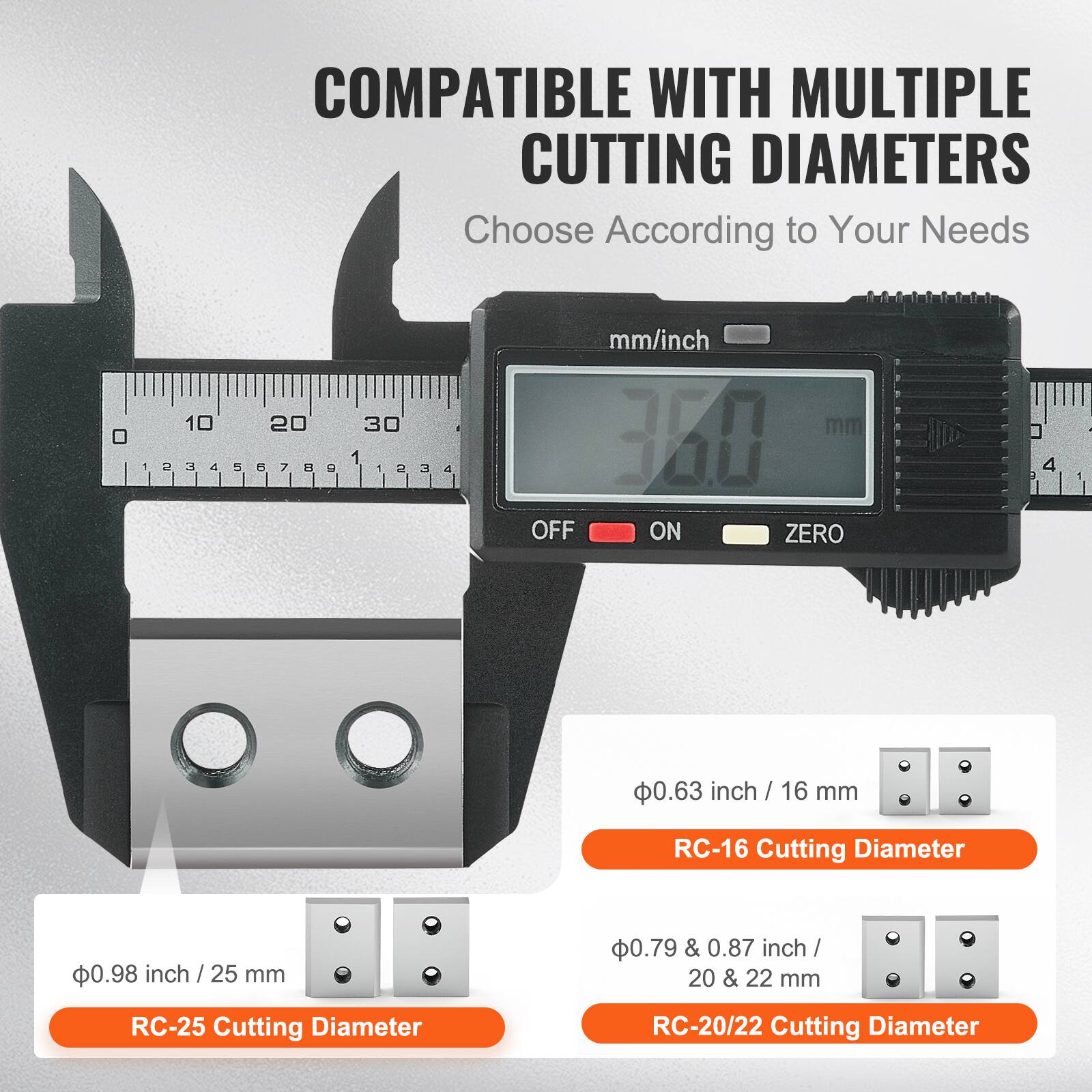 COMPATIBLE WITH MULTIPLE CUTTING DIAMETERS  
Choose According to Your Needs  

- RC-16 Cutting Diameter  
  0.63 inch / 16 mm  

- RC-25 Cutting Diameter  
  0.98 inch / 25 mm  

- RC-20/22 Cutting Diameter  
  0.79 & 0.87 inch / 20 & 22 mm