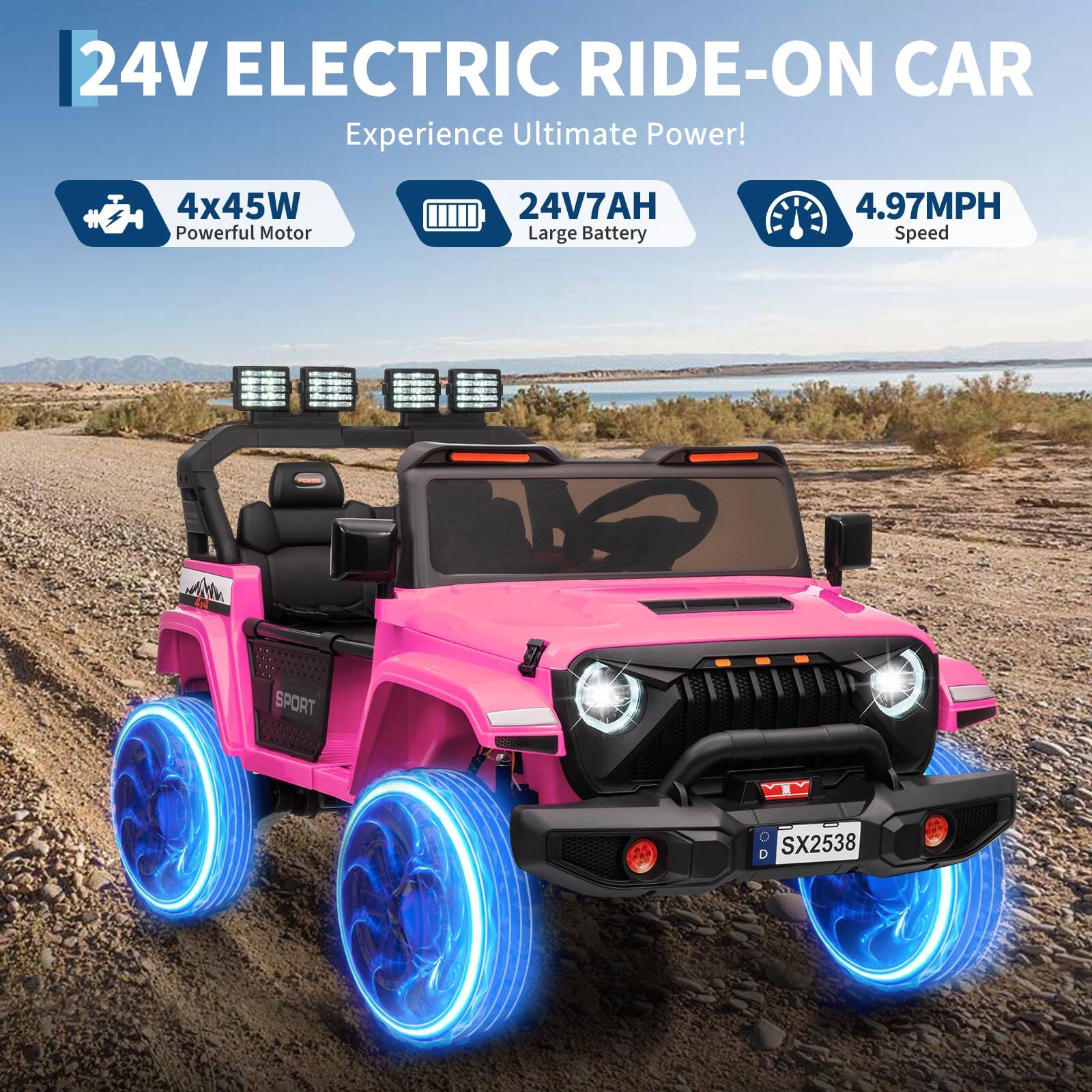 24V ELECTRIC RIDE-ON CAR  
Experience Ultimate Power!  

4x45W Powerful Motor  
24V7AH Large Battery  
4.97MPH Speed  

SPORT  
SX2538
