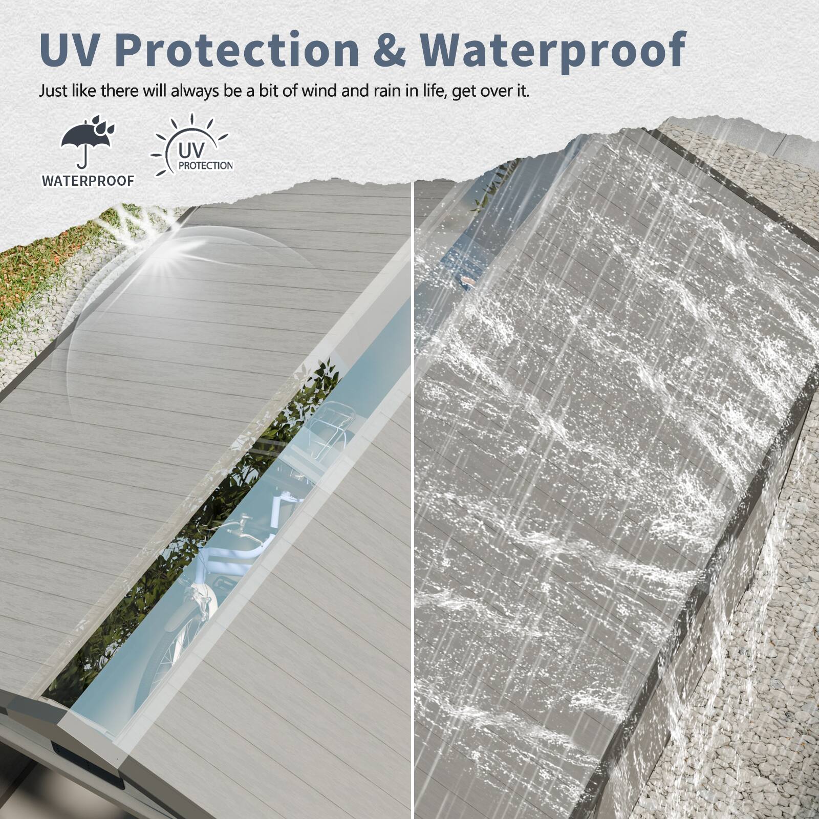 UV Protection & Waterproof

Just like there will always be a bit of wind and rain in life, get over it.

WATERPROOF
UV PROTECTION