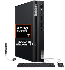 Lenovo - Upgraded - ThinkCentre M75q Mini Desktop (Ryzen 7 PRO 8700GE, 32GB, 1TB SSD, WiFi 6,BT 5.2, Win 11 Pro) w/USB Hub - Black