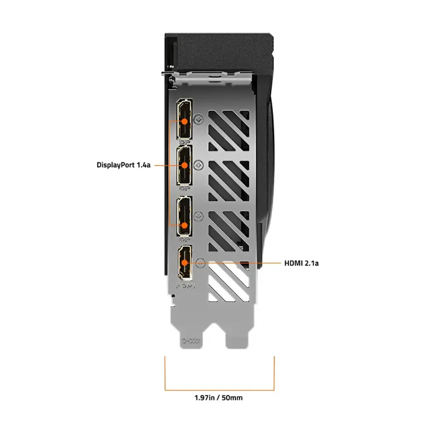 The text on the image reads: DisplayPort 1.4a + OP + HDMI 2.1a HOM. DHO001 1.97in / 50mm.