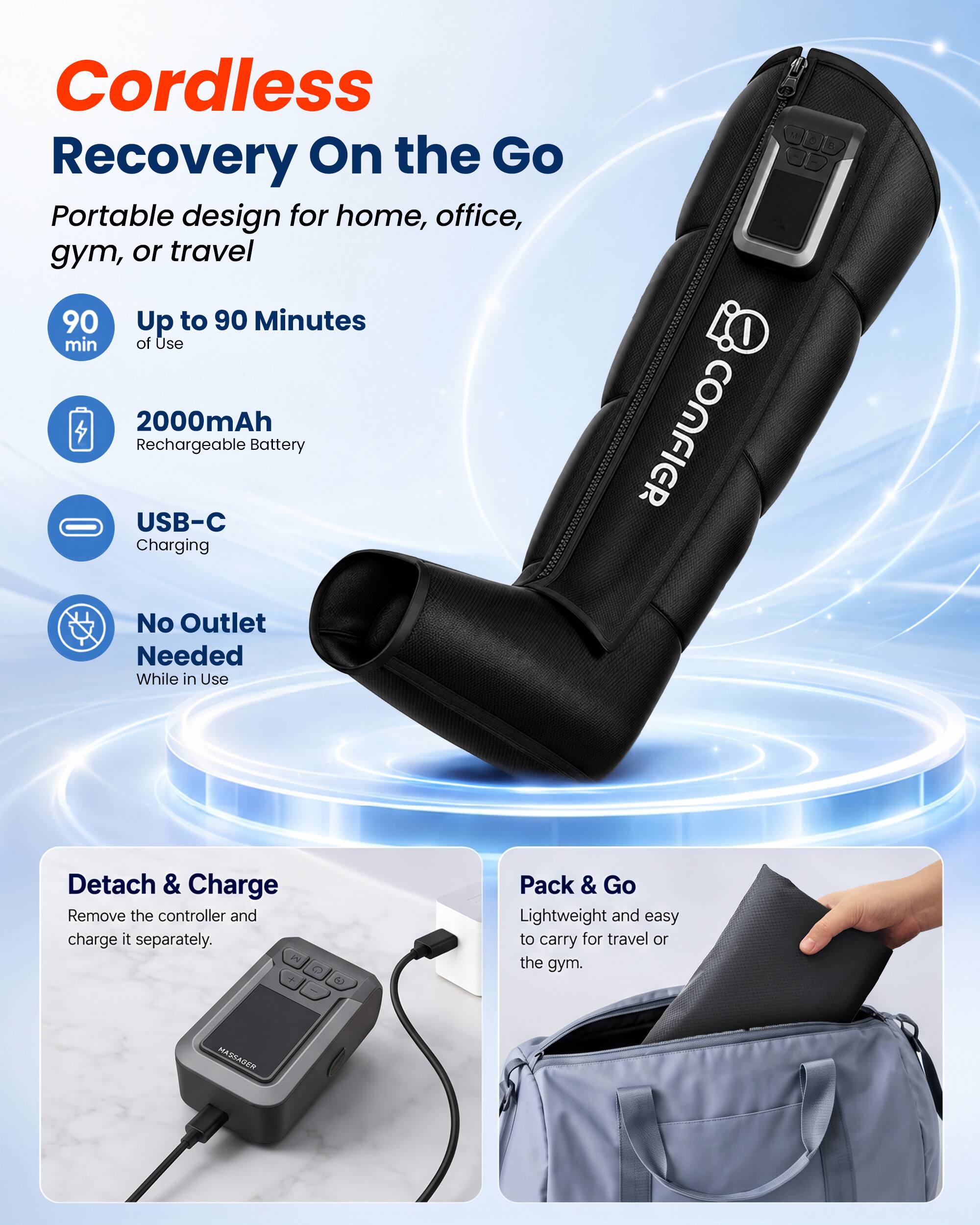 Cordless Recovery On the Go  
Portable design for home, office, gym, or travel  

- Up to 90 Minutes of Use  
- 2000mAh Rechargeable Battery  
- USB-C Charging  
- No Outlet Needed While in Use  

COMFIER  

Detach & Charge  
Remove the controller and charge it separately.  

Pack & Go  
Lightweight and easy to carry for travel or the gym.