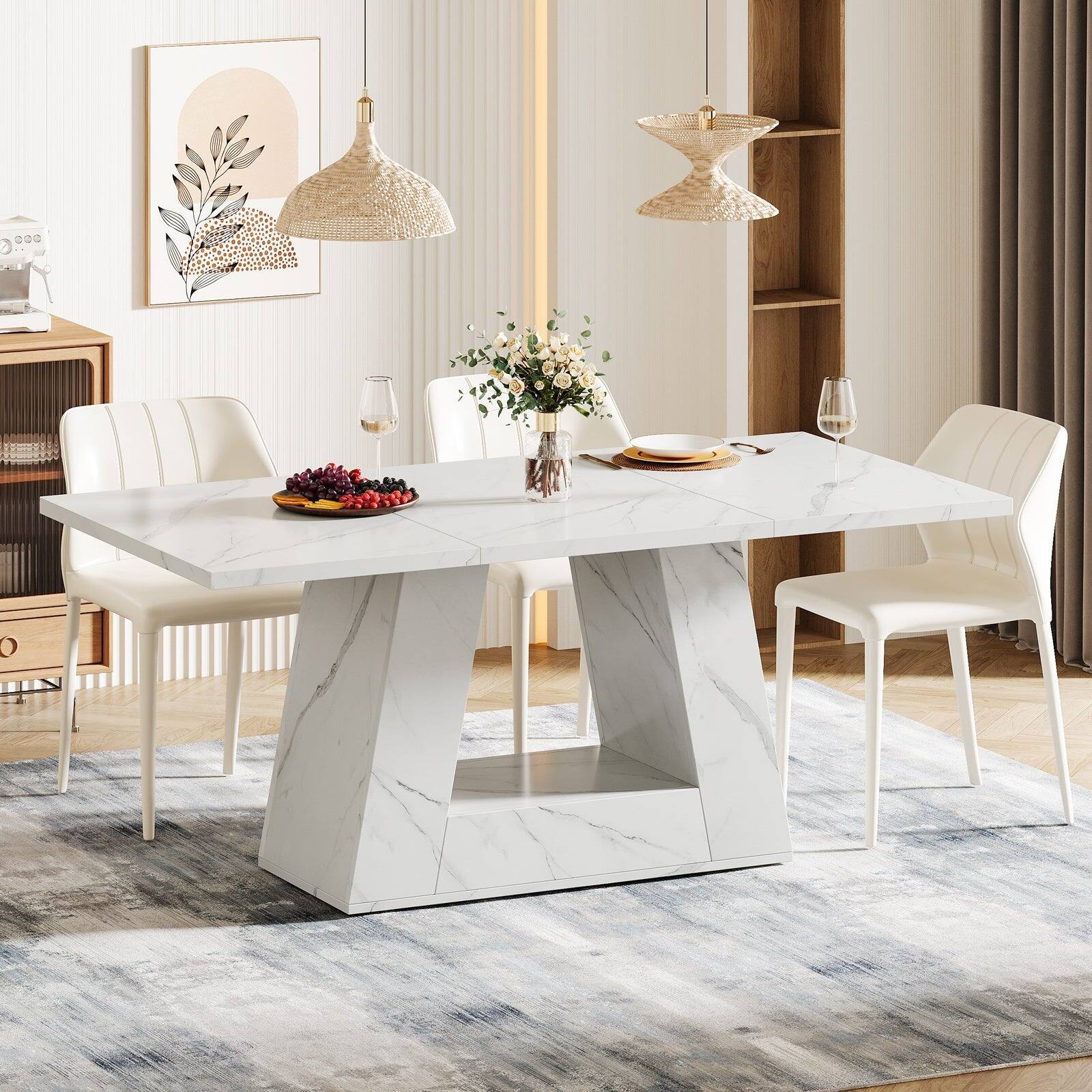 Angle. Tribesigns - Dining Table with Faux Marble Top, Trapezoidal Legs and Rectangular Top for Dining Room - White.