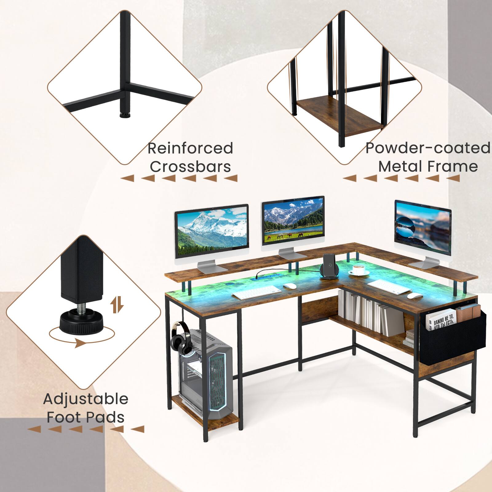 Reinforced Crossbars  
Powder-coated Metal Frame  
Adjustable Foot Pads