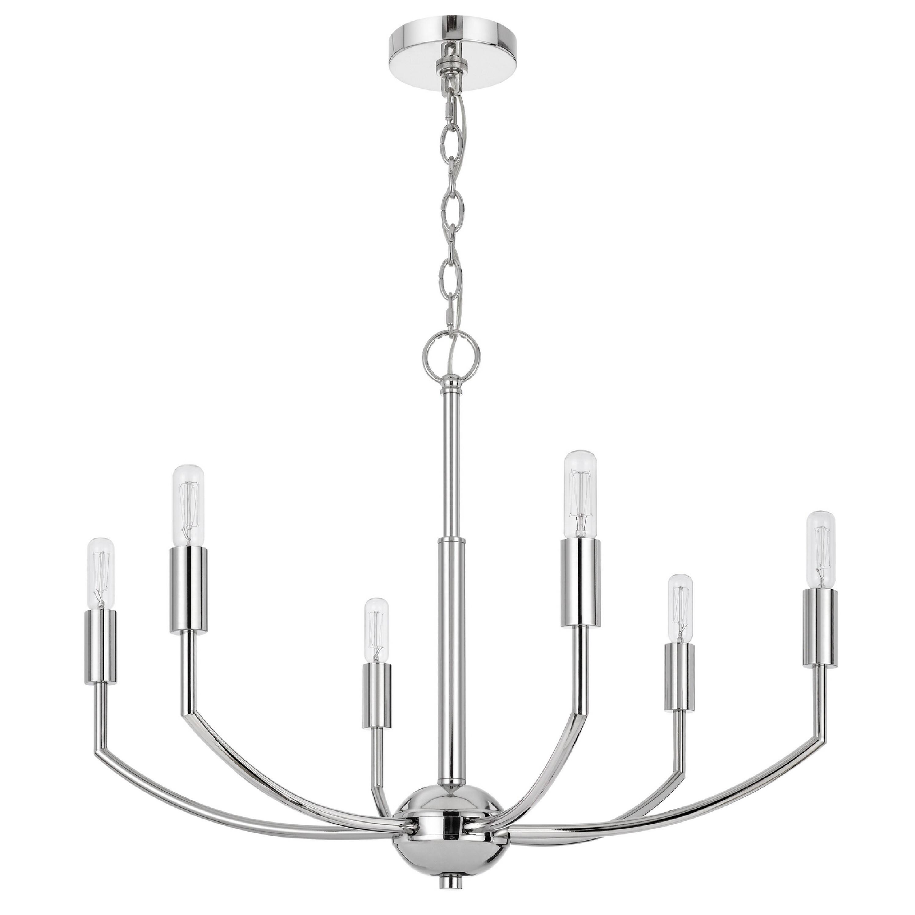 Left. Manhattan Lane - Kera 6 Light Candelabra Chandelier, 26 Inch XL Modern Chrome Metal - Chrome.