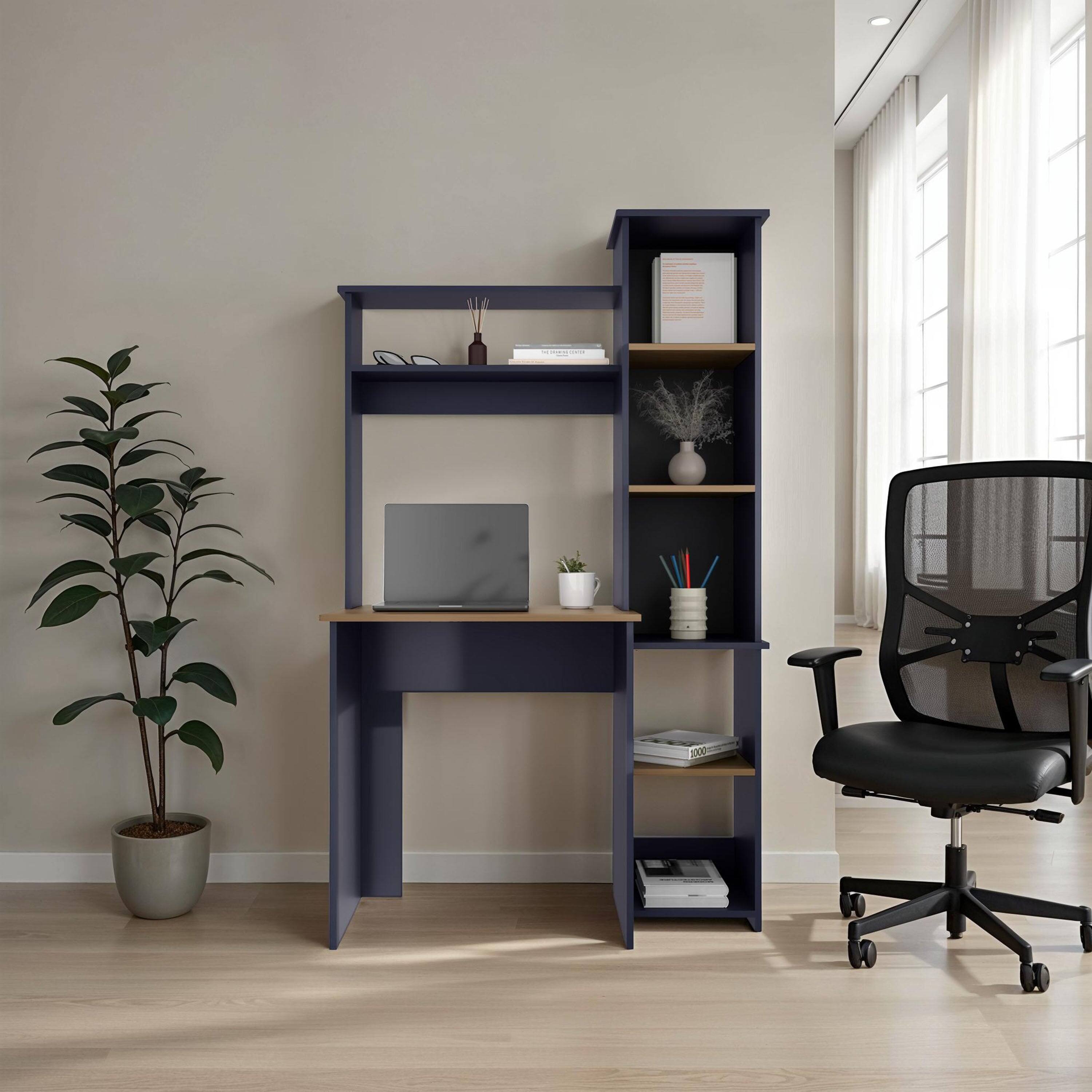 TinyHomie - Navy Blue and Natural Computer Desk with Hutch and Side Bookshelf - Oak