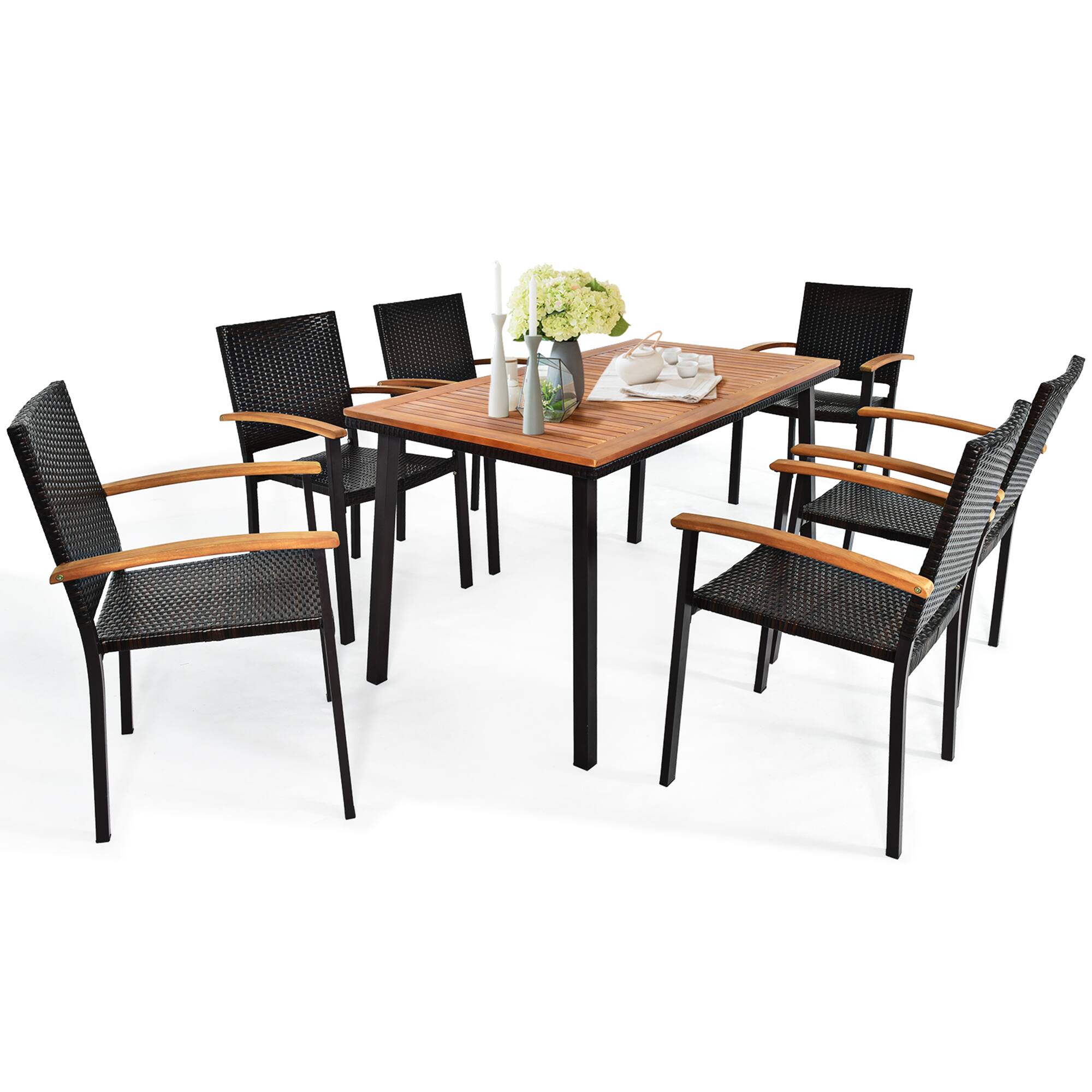 Alt View 9. Gymax - Gymax 7PCS Rattan Outdoor Dining Set Patio Furniture Set w/ Wooden Tabletop - Black.