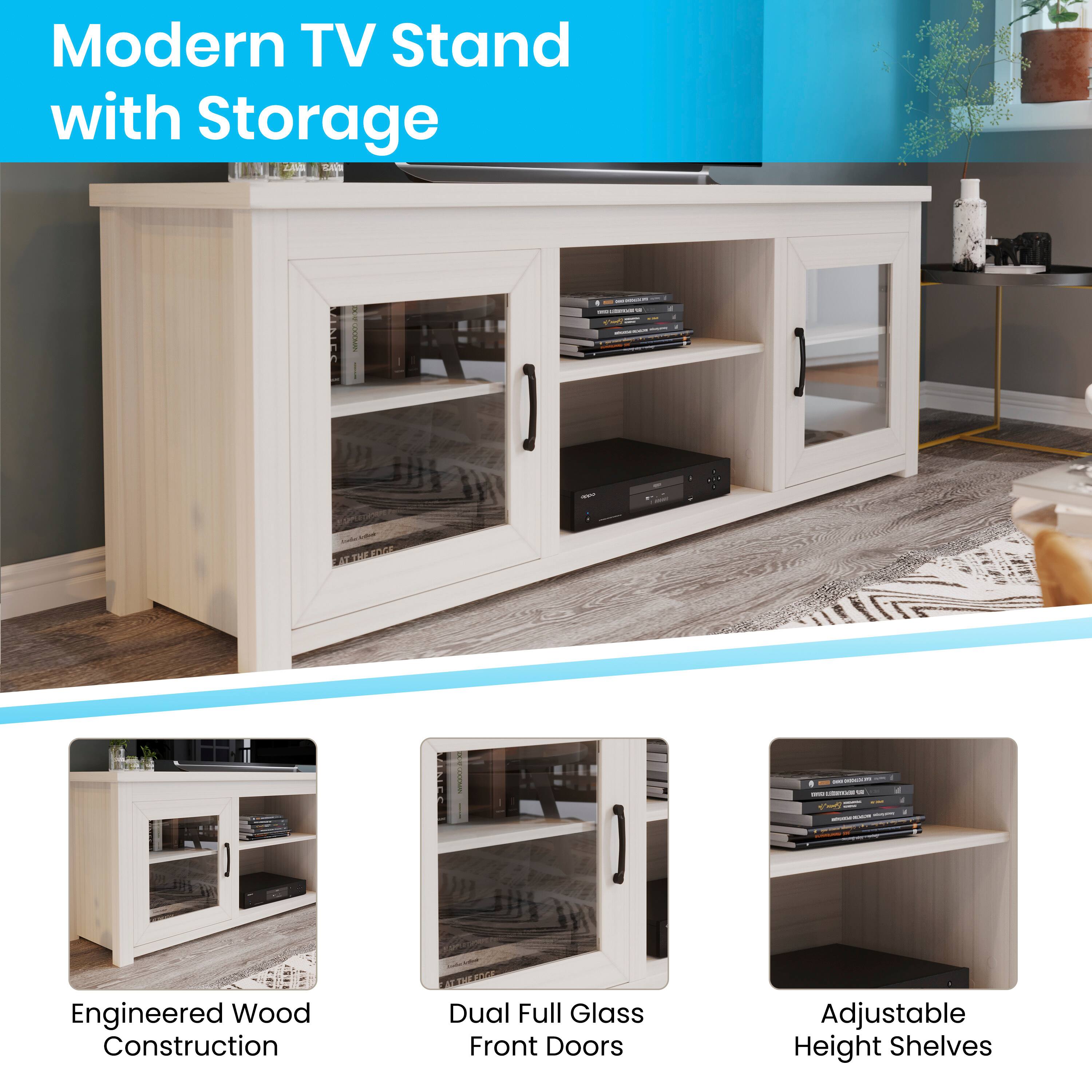 Modern TV Stand with Storage

- Engineered Wood Construction
- Dual Full Glass Front Doors
- Adjustable Height Shelves