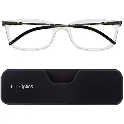 Front. ThinOptics - ThinOptics Connect Reading Glasses with Black Full Frame Pod - +2.00 - Clear - Clear.
