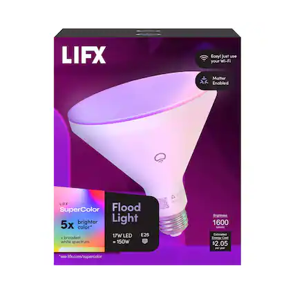 LIFX Easy! Just use your Wi-Fi Matter Enabled LIFX SuperColor Flood Light
5x brighter color*
17W LED E26 + broadest white spectrum - 150W
Brightness 1600 lumens
Estimated Energy Cost $2.05 per year
*see lifx.com/supercolor