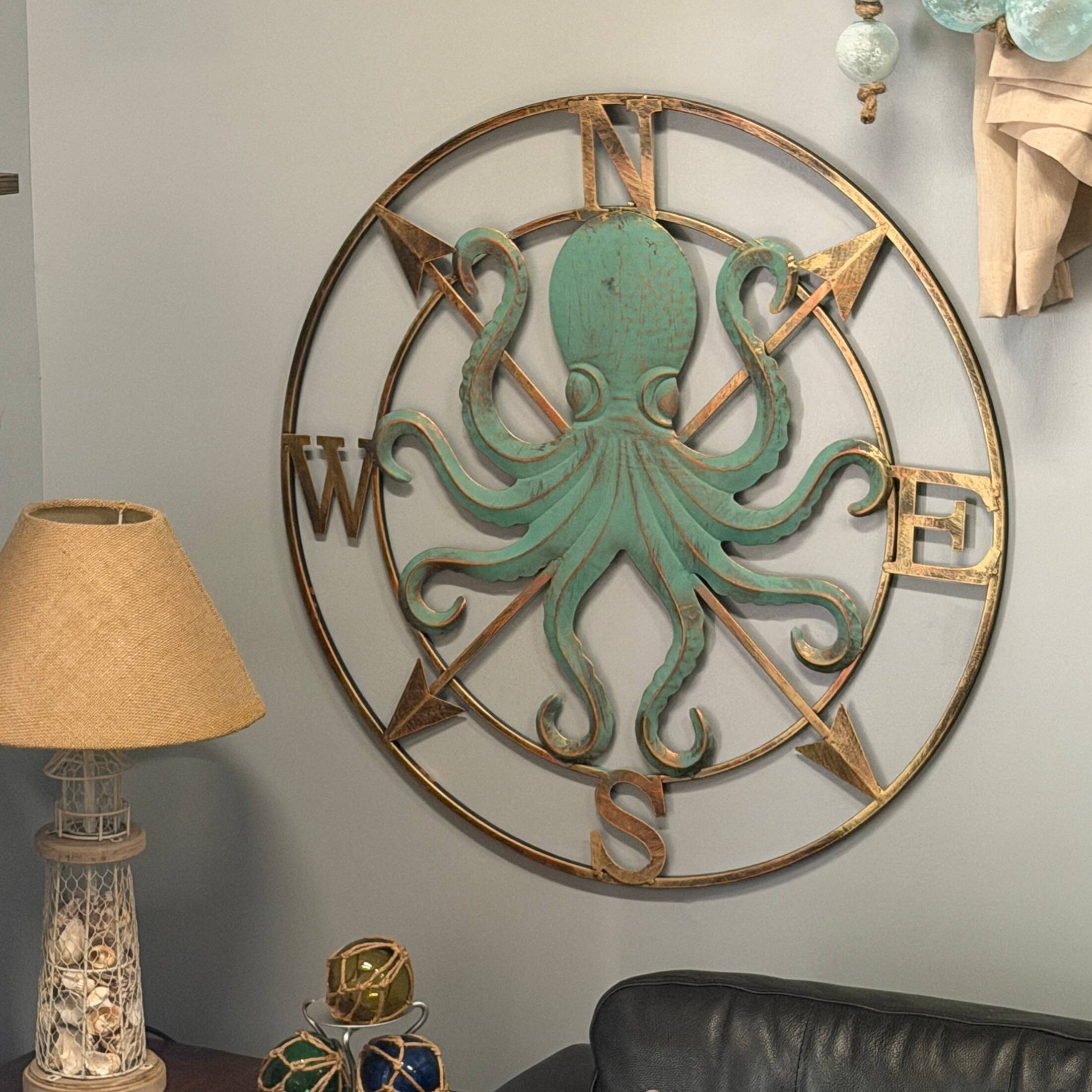 Alt View 3. Zeckos - 28 Inch Metal Octopus Compass Rose Wall Sculpture Aqua Bronze Nautical Decor - Aqua.