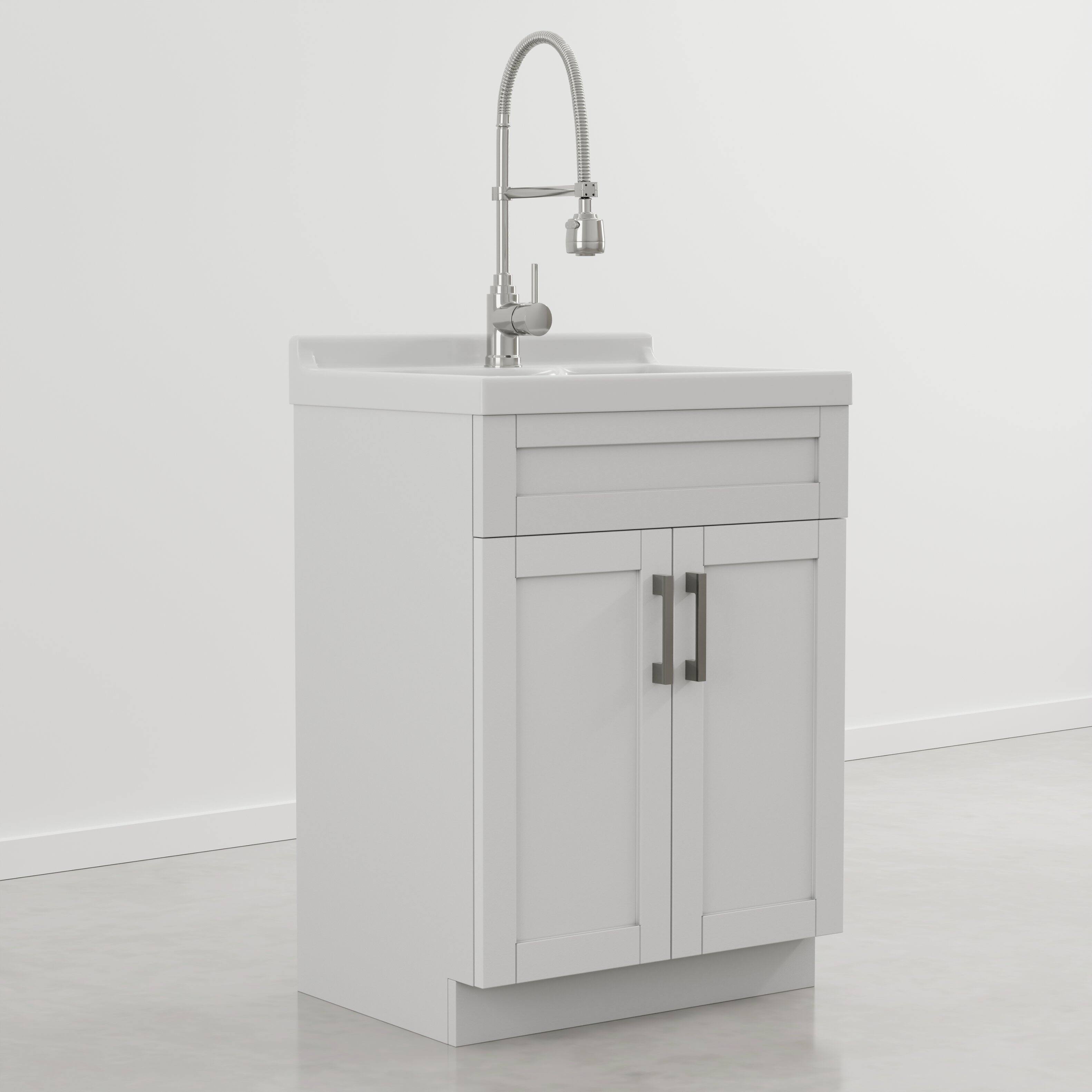 Angle. Simpli Home - Hennessy 24 inch Wide Utility Sink and Laundry Cabinet, Glacier White - Glacier White.