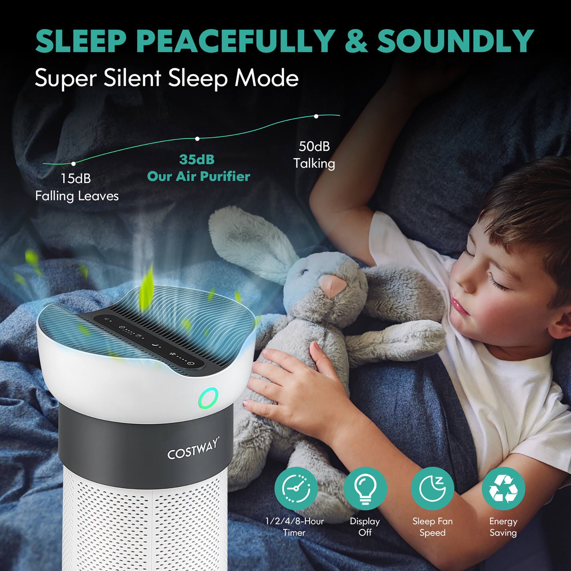 SLEEP PEACEFULLY & SOUNDLY  
Super Silent Sleep Mode  

15dB Falling Leaves  
35dB Our Air Purifier  
50dB Talking  

1/2/4/8-Hour Timer  
Display Off  
Sleep Fan Speed  
Energy Saving  

COSTWAY