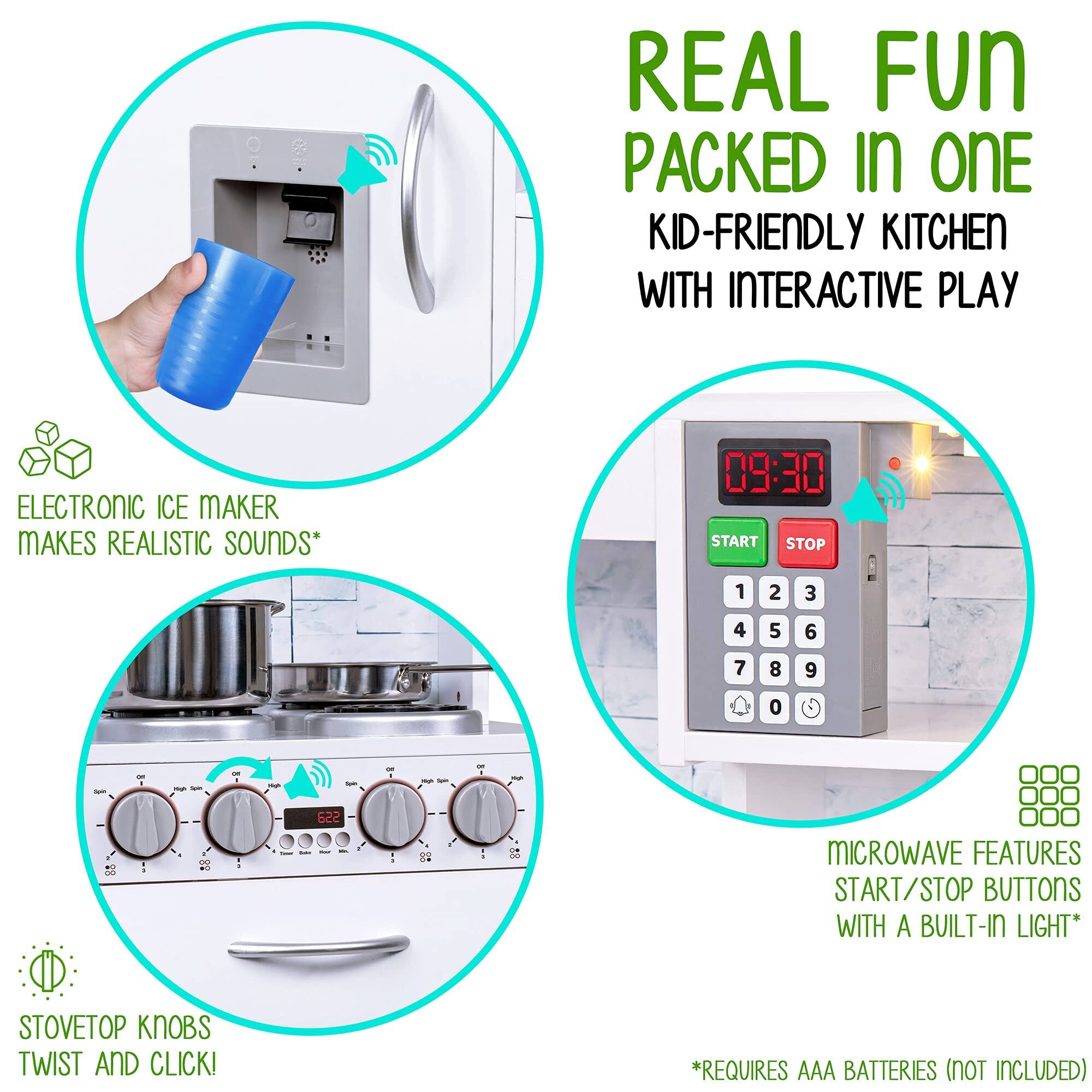 REAL FUN PACKED IN ONE
KID-FRIENDLY KITCHEN WITH INTERACTIVE PLAY
ELECTRONIC ICE MAKER MAKES REALISTIC SOUNDS
MICROWAVE FEATURES START/STOP BUTTONS WITH A BUILT-IN LIGHT
STOVETOP KNOBS TWIST AND CLICK!
*REQUIRES AAA BATTERIES (NOT INCLUDED)