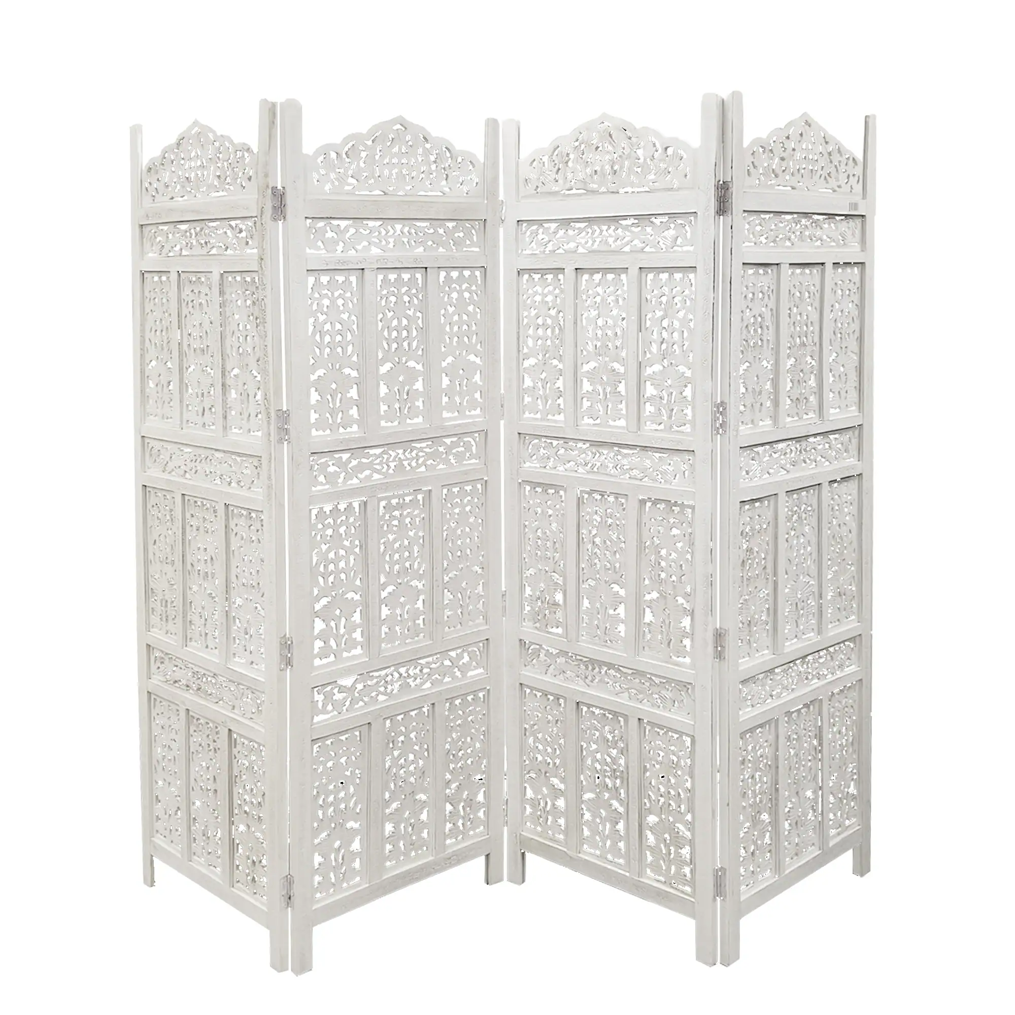 Manhattan Lane - Aesthetically Carved 4 Panel Wooden Partition Screen/Room Divider - White