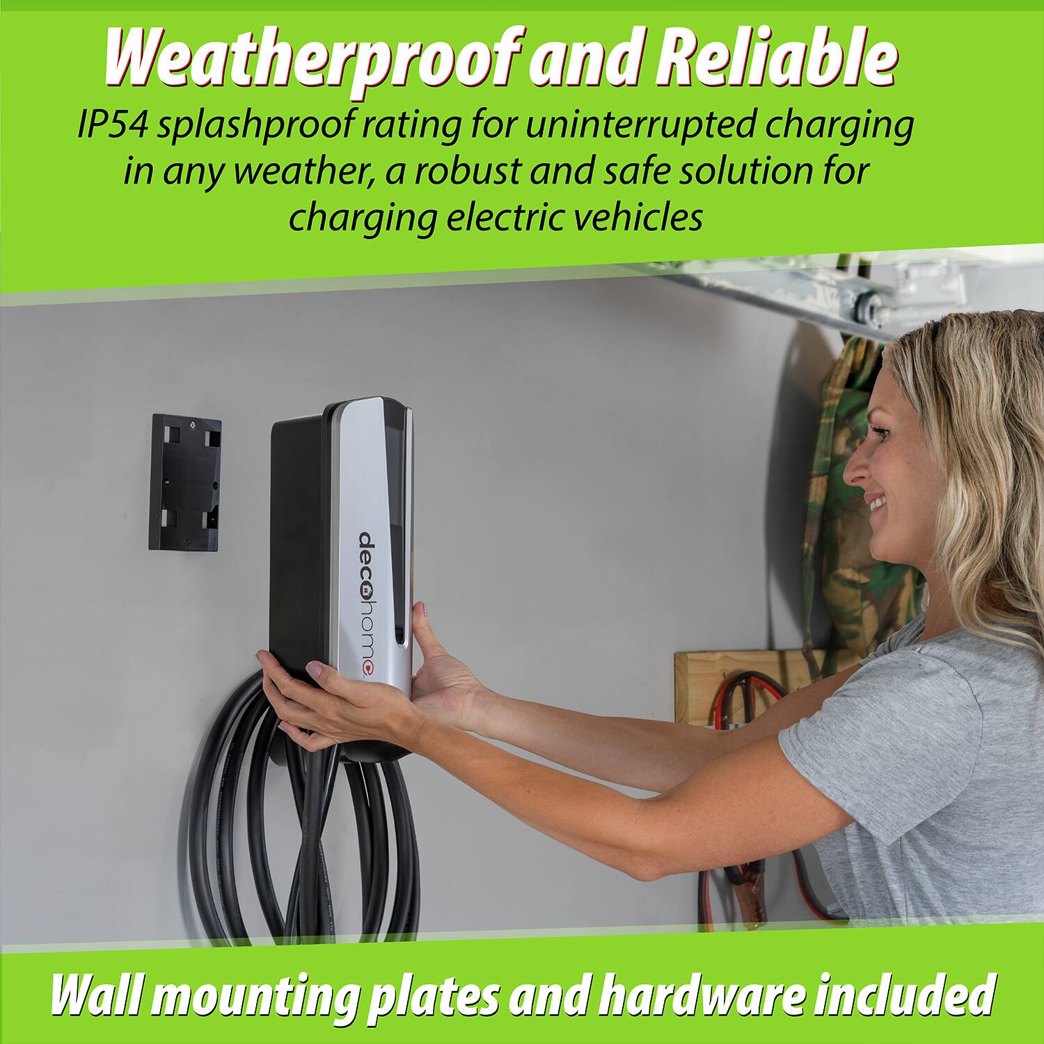 Weatherproof and Reliable  
IP54 splashproof rating for uninterrupted charging in any weather, a robust and safe solution for charging electric vehicles  

Wall mounting plates and hardware included