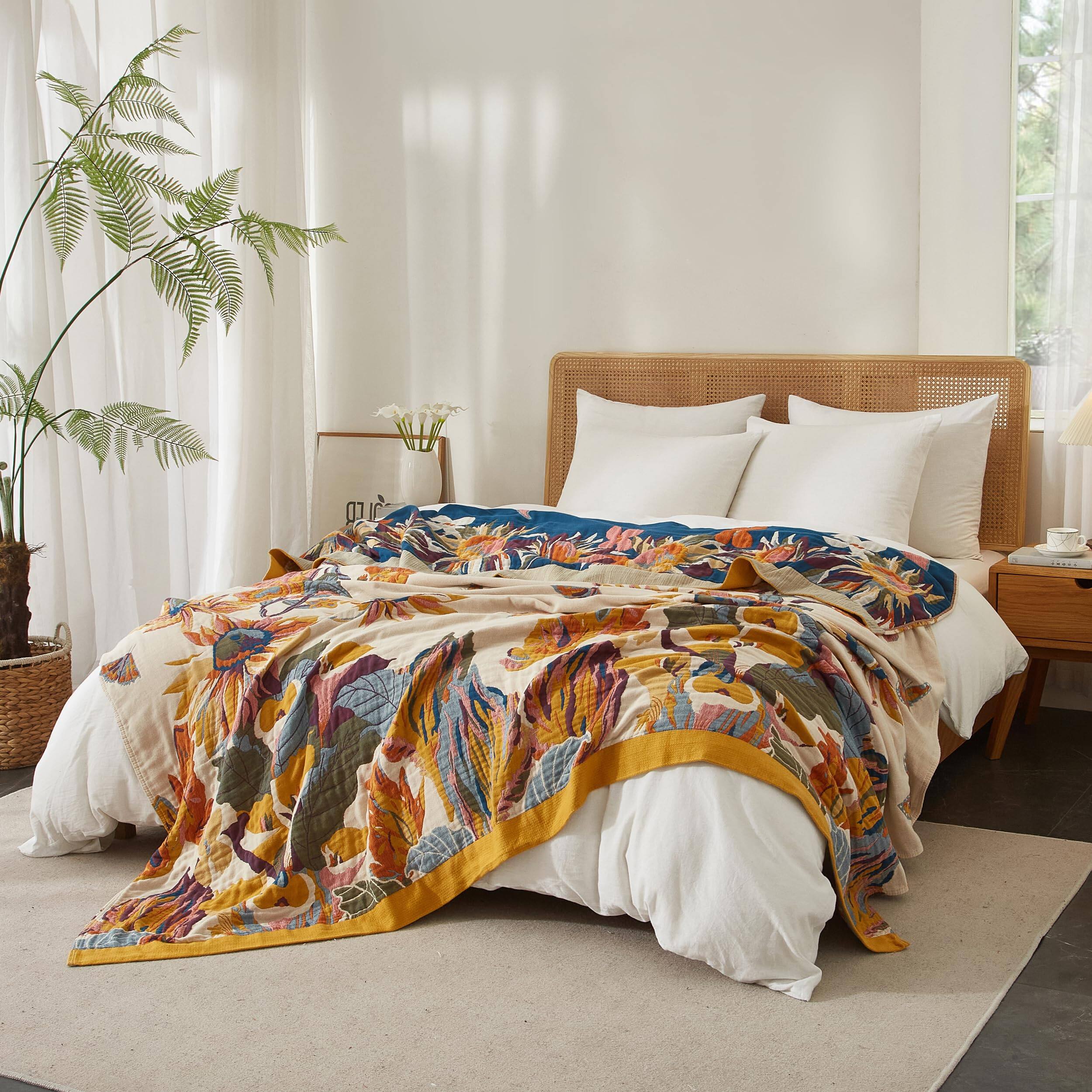 Alt View 3. Dapper Styles - Boho Throw Blanket For Bed 60 x80 Cotton Woven Couch Sofa Ultra Soft 4 layer Muslin Quilt With Floral Printed - I - Boho Floral-60“ x 80”.