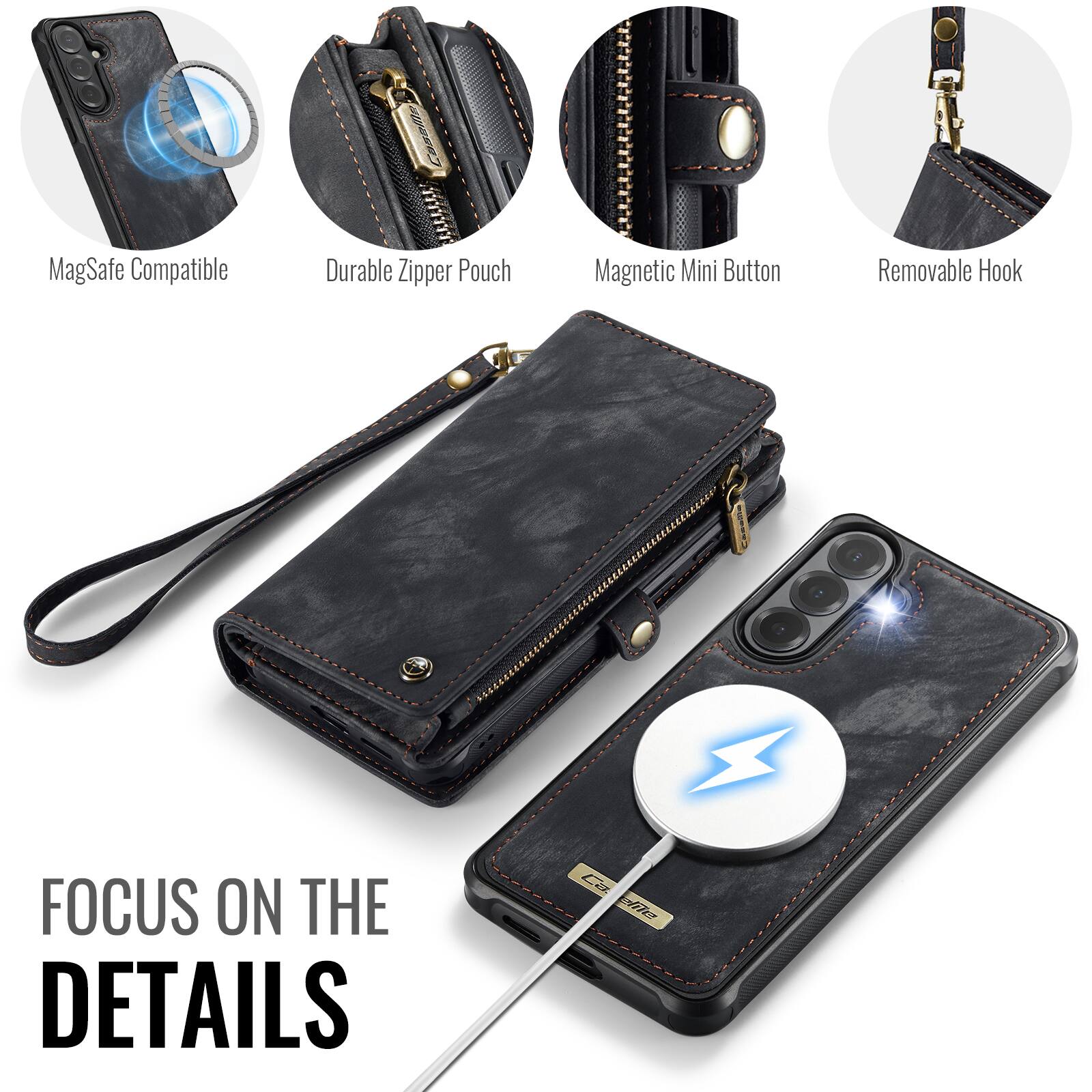 MagSafe Compatible  
Durable Zipper Pouch  
Magnetic Mini Button  
Removable Hook  

FOCUS ON THE DETAILS
