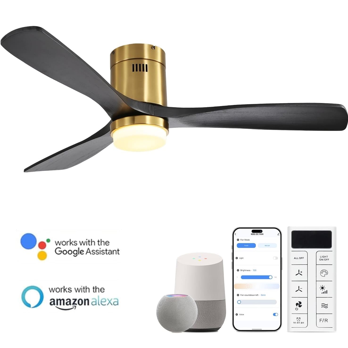 Sofucor - 52'' Smart Flush Mount Ceiling Fan With Integrated LED Light Voice & App & Remote Control for Bedroom/Farmhouse/Outdoor - Gold-Black Wood