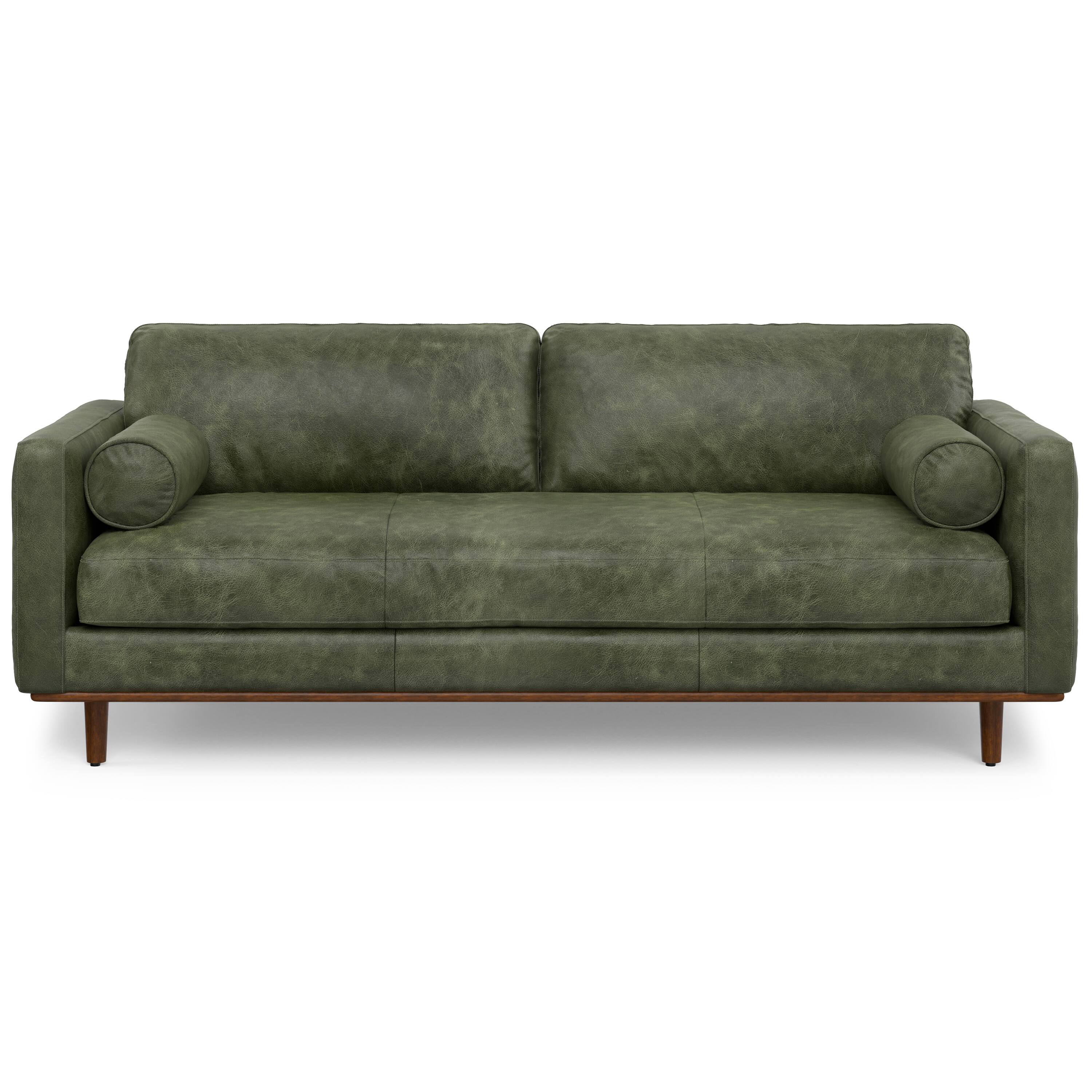 Front. Simpli Home - Morrison 89 inch Wide Mid-Century Modern Sofa in Moss Green Genuine Leather - Moss Green.