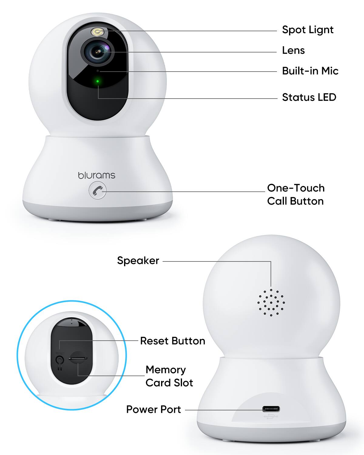 Spot Light  
Lens  
Built-in Mic  
Status LED  
blurams  
One-Touch Call Button  
Speaker  
Reset Button  
Memory Card Slot  
Power Port