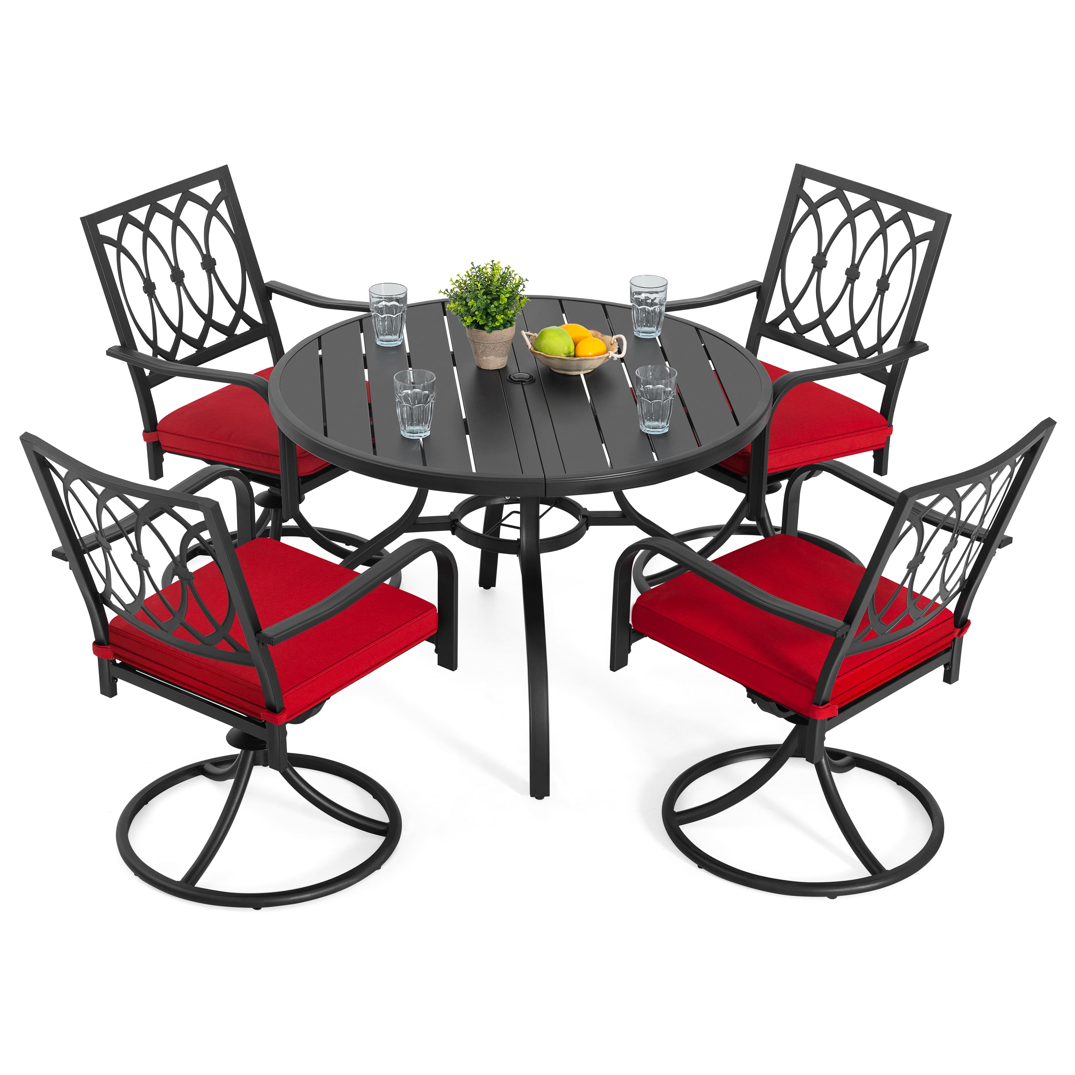 Nuu Garden - 5-Piece Metal Outdoor Dining Set with Umbrella Hole and 4 Swivel Chairs - Black and Red