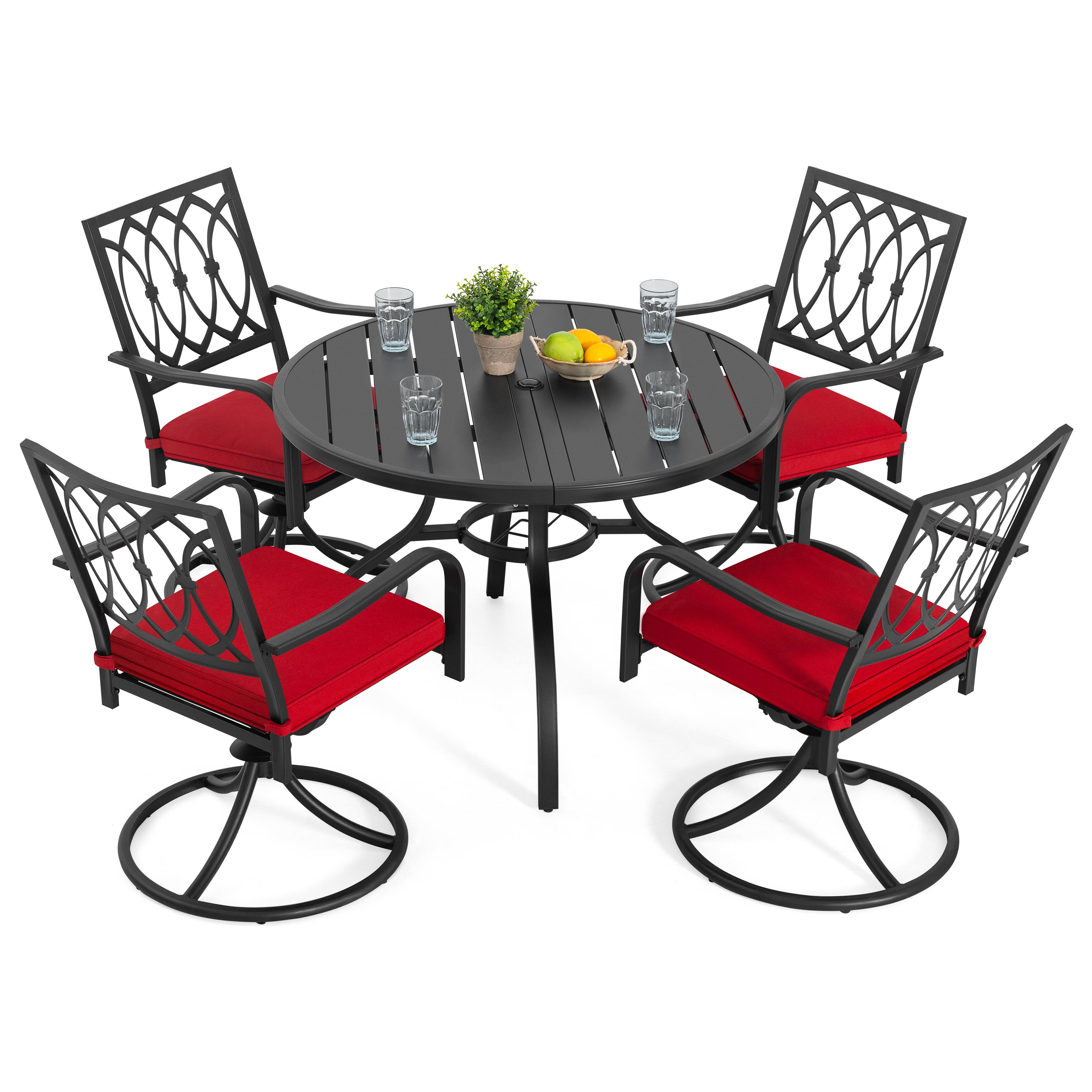 Nuu Garden - 5-Piece Metal Outdoor Dining Set with Umbrella Hole and 4 Swivel Chairs - Black and Red