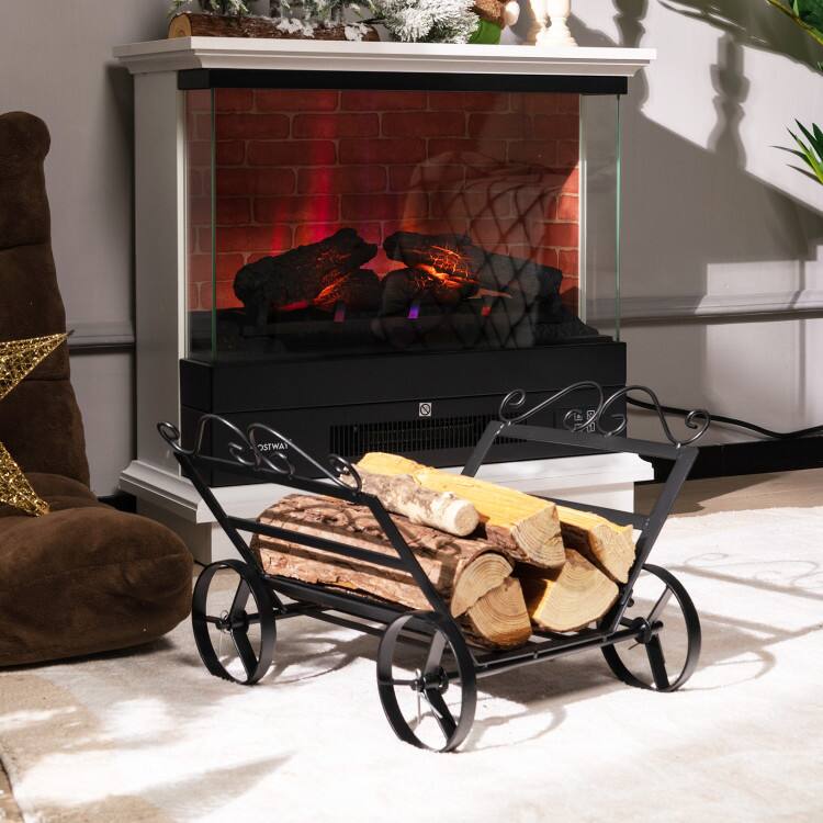 Left. Mondawe - Firewood Rack Decorative Rustproof Steel Fireplace Log Holder with Wheels - Black.