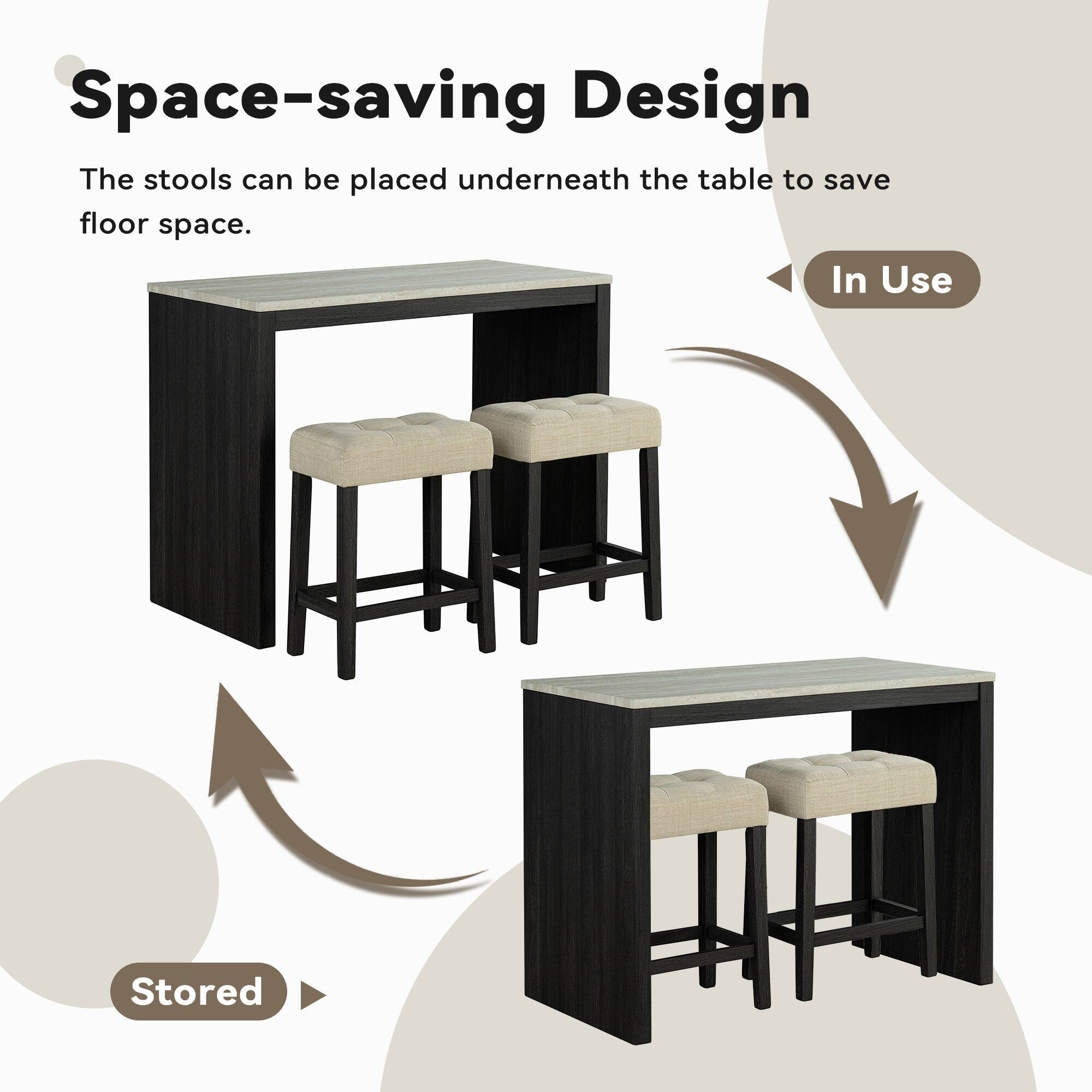 Space-saving Design  
The stools can be placed underneath the table to save floor space.  

In Use  
Stored