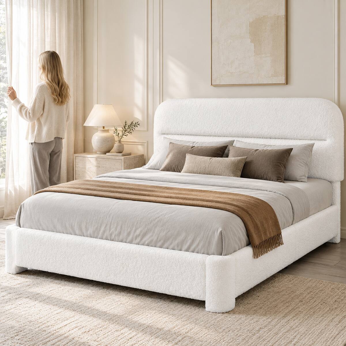 Alt View 5. Vipbear - F/Q/K Upholstered Platform Bed Frame | Height Adjustable Headboard, No Box Spring Needed, Works with 8–14" Mattresses - Off-white.