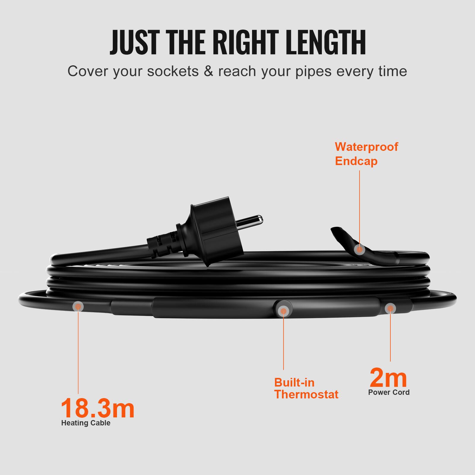 JUST THE RIGHT LENGTH  
Cover your sockets & reach your pipes every time  
Waterproof Endcap  
18.3m Heating Cable  
Built-in Thermostat  
2m Power Cord