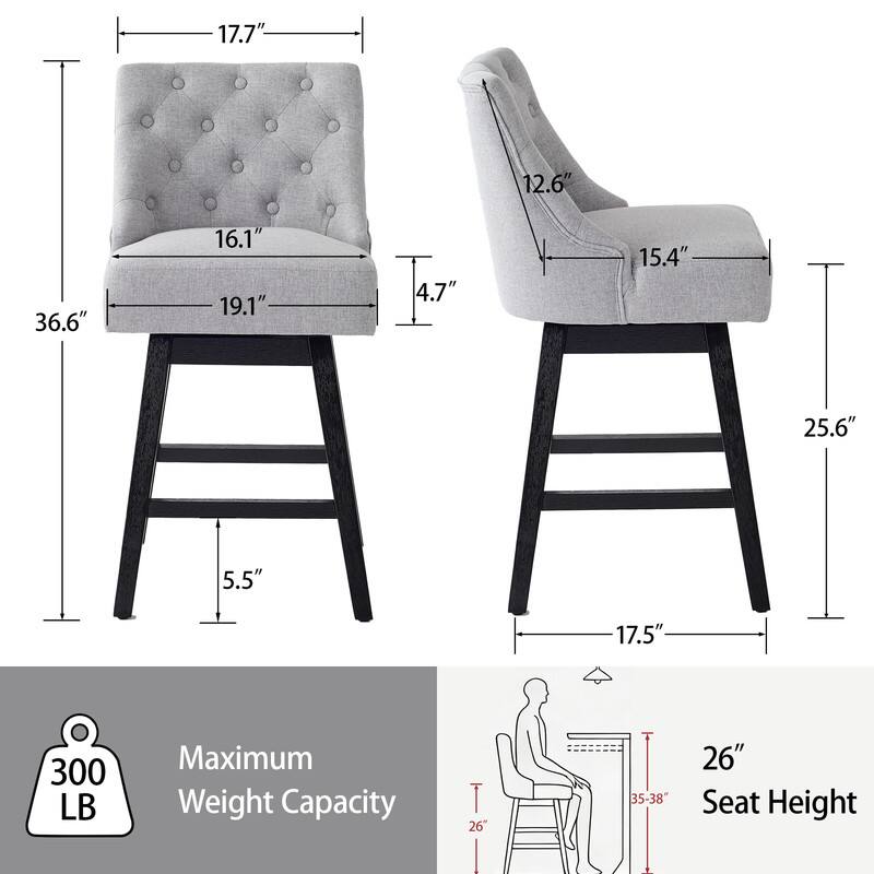 17.7"  
12.6"  
36.6"  
16.1"  
19.1"  
4.7"  
15.4"  
25.6"  
5.5"  
17.5"  
300 LB Maximum Weight Capacity  
26" Seat Height  
35-38"