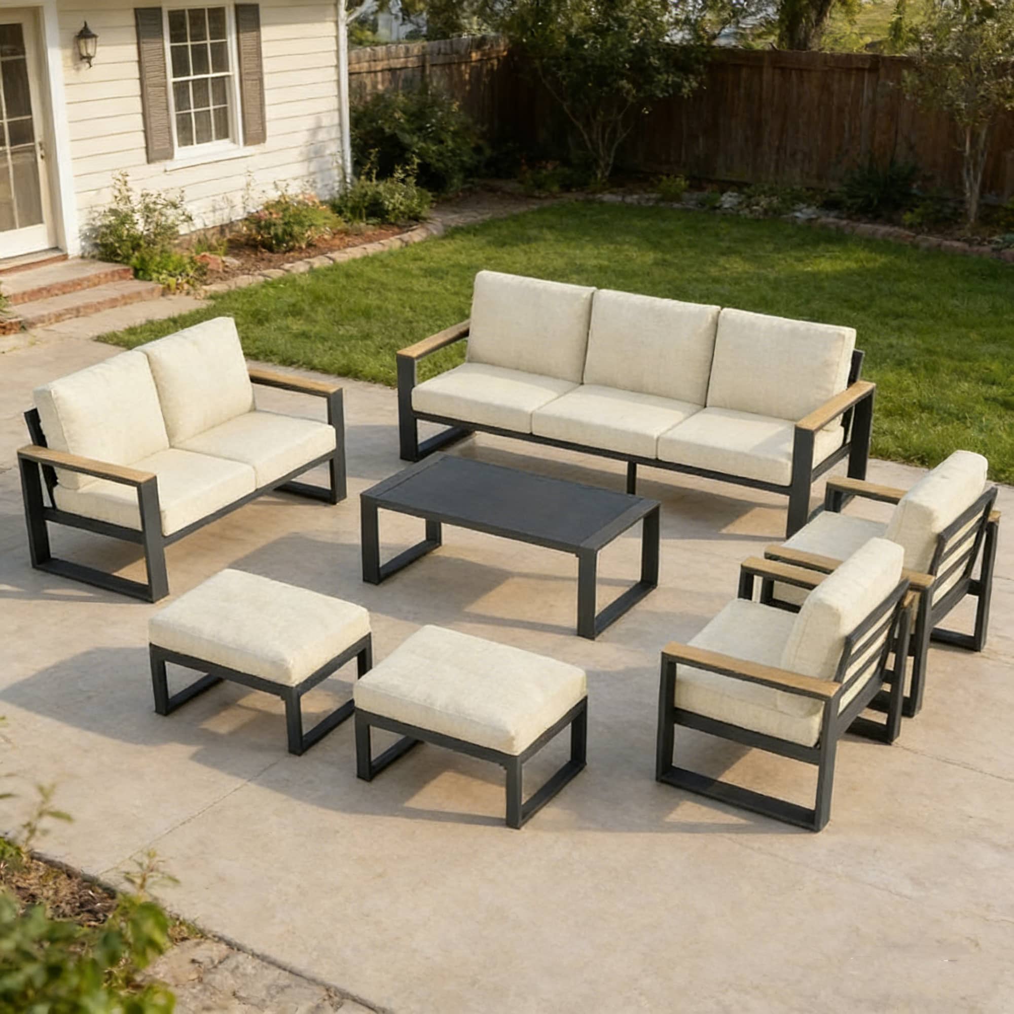 Left. Anysun - All-Weather 7-Piece Ultra Aluminum Patio Furniture Set, with Extra Thick Back Sofa, Glass Table and Ottoman - Beige.