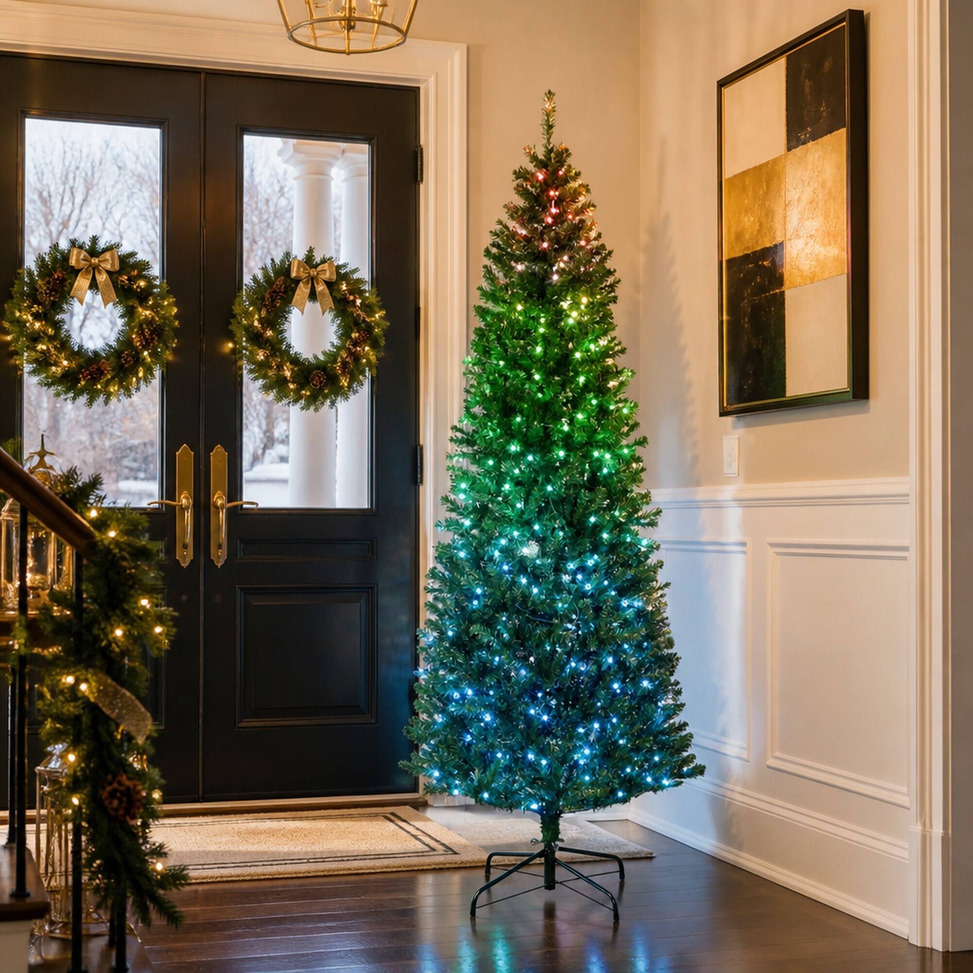 Alt View 2. RYHNUYNE - 7FT Pre-Lit Slim Fir Christmas Tree With Colorful DIY Synchronized LED Lights and Remote, 12 Modes and Dense Tips - Green.