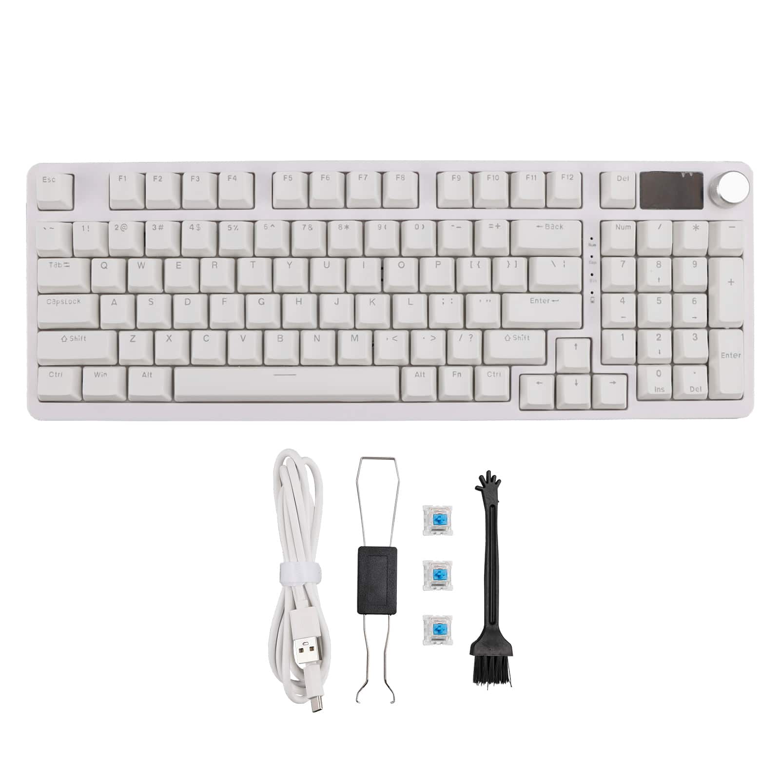Topteng - 98-Key Tri-Mode Mechanical Keyboard with Display Knob - Hot-Swappable RGB Backlit, 6000mAh Battery, for PC/Mac - White
