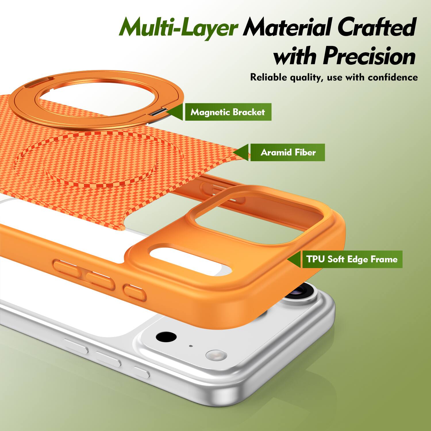 Multi-Layer Material Crafted with Precision  
Reliable quality, use with confidence  
Magnetic Bracket  
Aramid Fiber  
TPU Soft Edge Frame