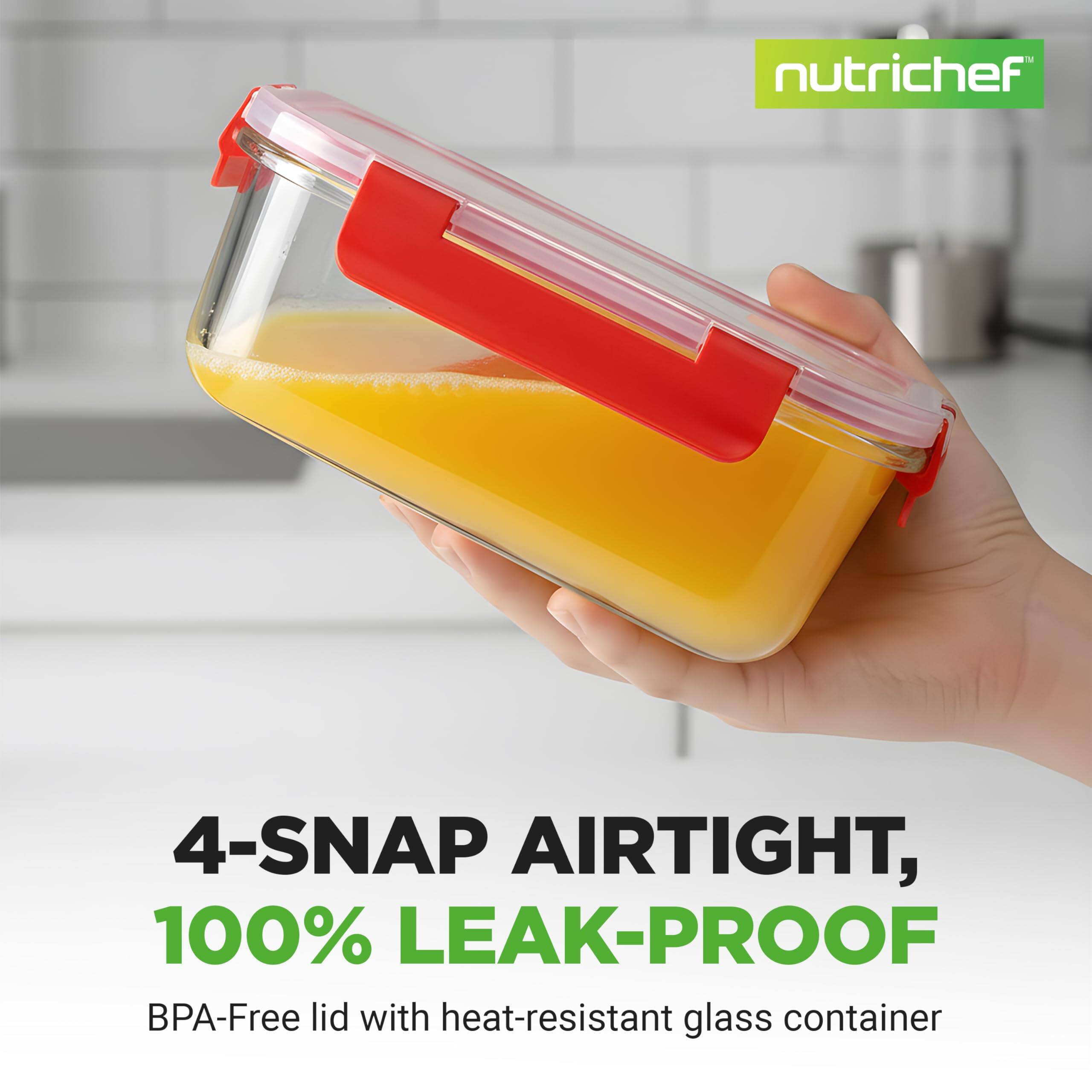 nutrichef 4-SNAP AIRTIGHT, 100% LEAK-PROOF BPA-Free lid with heat-resistant glass container
