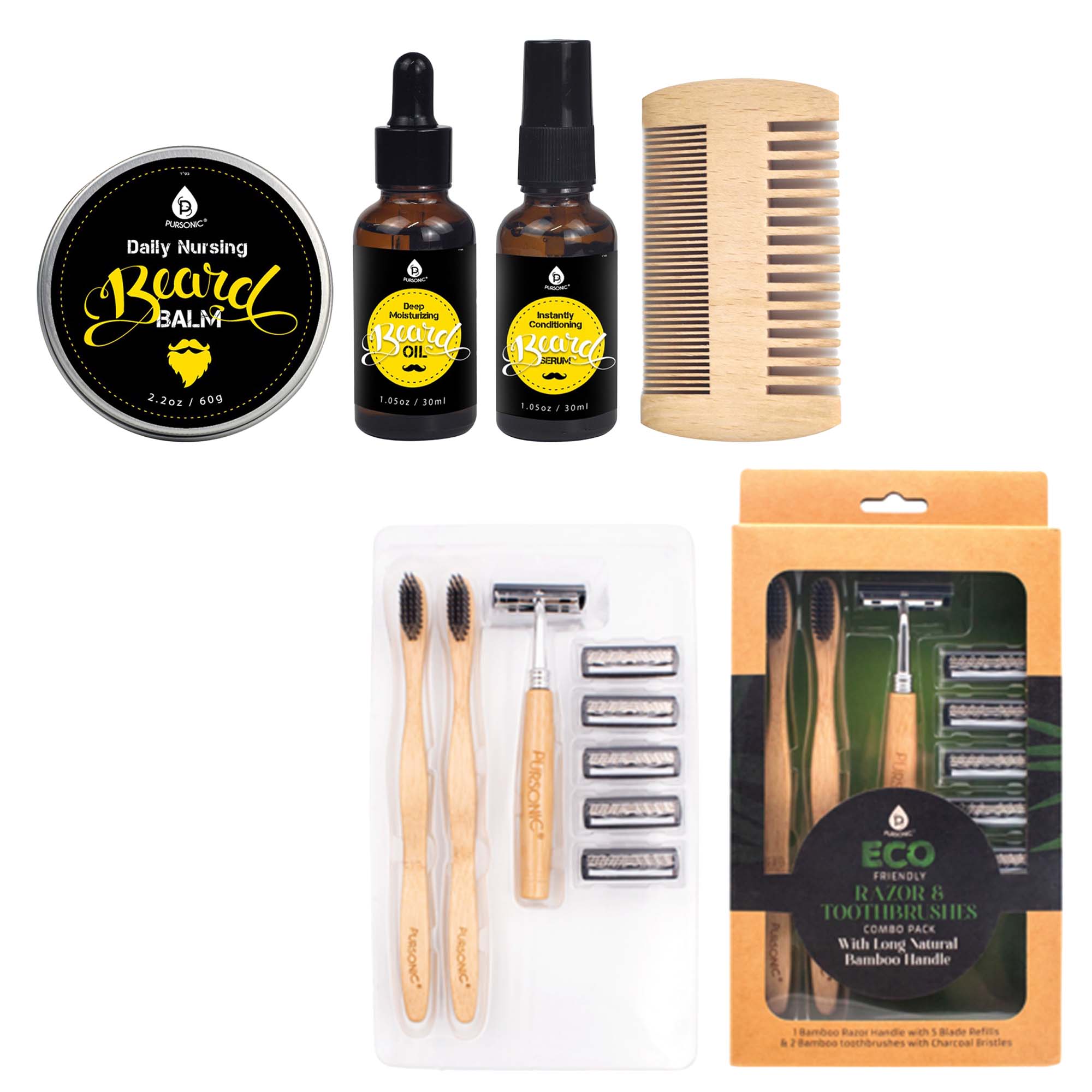 **Daily Nursing Beard Balm**
2.20 oz / 60g
**Bear Balm Oil**
1.05 oz / 30ml
**Bear Balm**
Instantly Condition & Moisturize
1.05 oz / 30ml
**Eco Friendly Razor & Toothbrushes Combo Pack**
With Long Natural Bamboo Handle
1 Bamboo Razor with 5 Blade Refills
2 Bamboo Toothbrushes with Charcoal Bristles