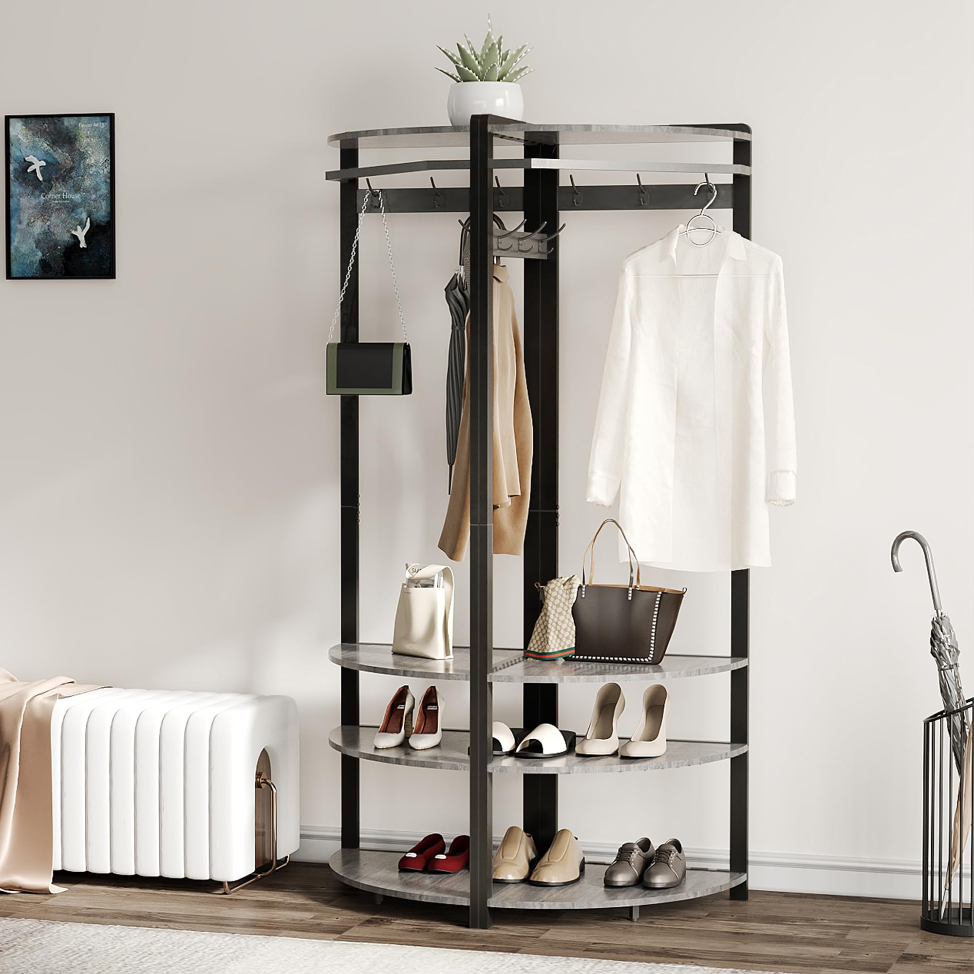 Alt View 1. Jojoka - Corner Coat Rack with Shoe Bench, 6 Double Hooks & Storage Shelf, Space-Saving 3-in-1 Corner Hall Tree - Gray.
