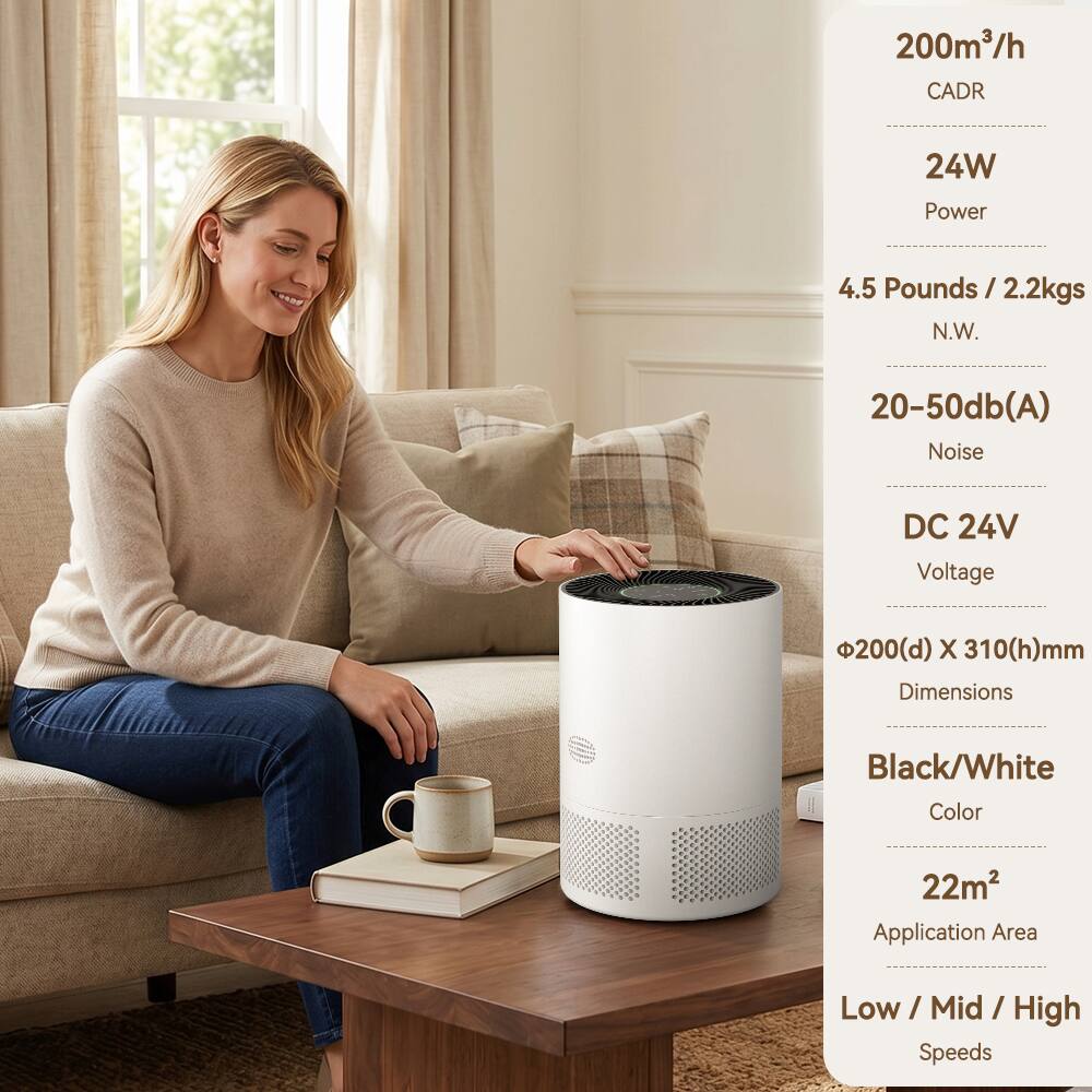 200m³/h CADR  
24W Power  
4.5 Pounds / 2.2kgs N.W.  
20-50db(A) Noise  
DC 24V Voltage  
200(d) X 310(h)mm Dimensions  
Black/White Color  
22m² Application Area  
Low / Mid / High Speeds