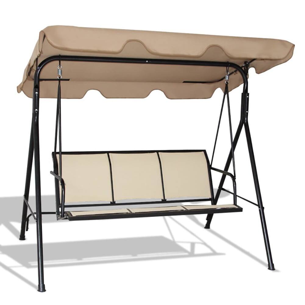 Alt View 6. Pefilos - 3 Person Steel Frame Patio Swing with Polyester Angle an Ajustable Canopy-Brown, 3-Seater Hanging Bench, Pillow for - Brown.