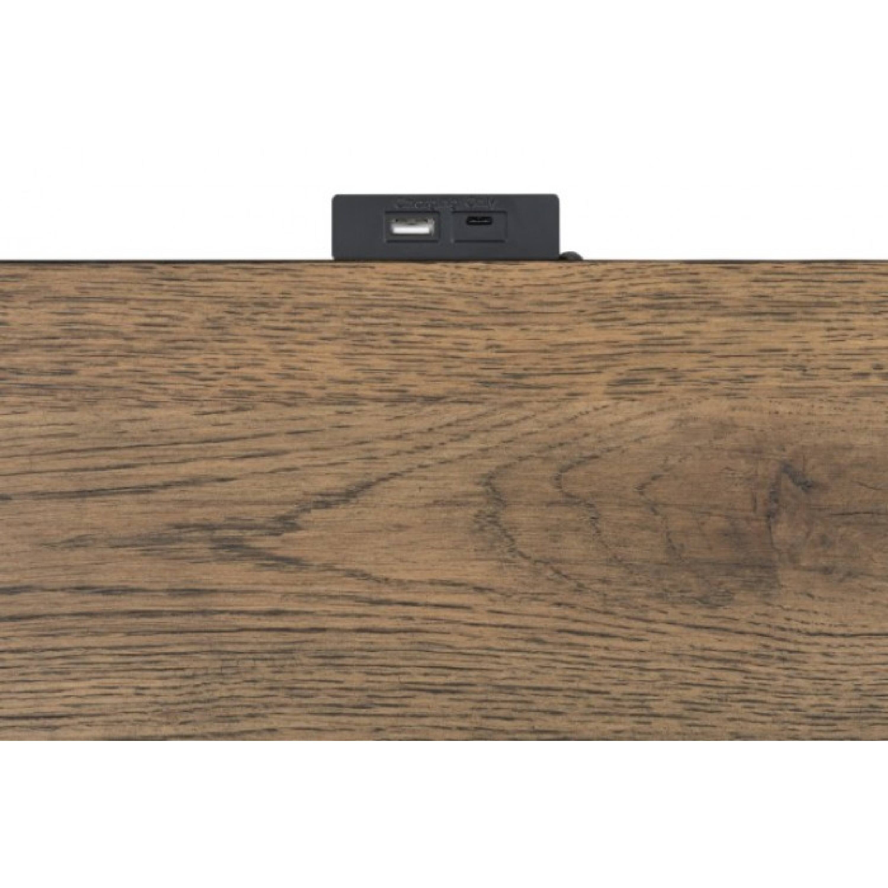 Back. Manhattan Lane - Ginie Nightstand with 2 USB Ports, 3 Drawers, Rustic Oak - Black, Oak Brown, Pewter.